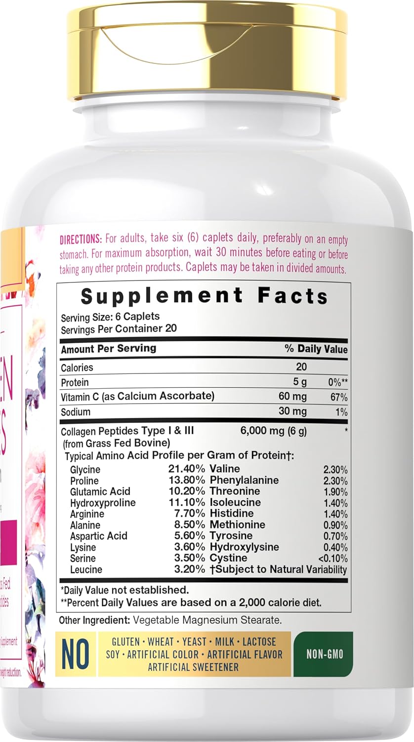 Carlyle Collagen Peptides with Vitamin C | 6000mg | 120 Caplets | Grass Fed Type I & III | Beauty Formula | Non-GMO, Gluten Free Supplement