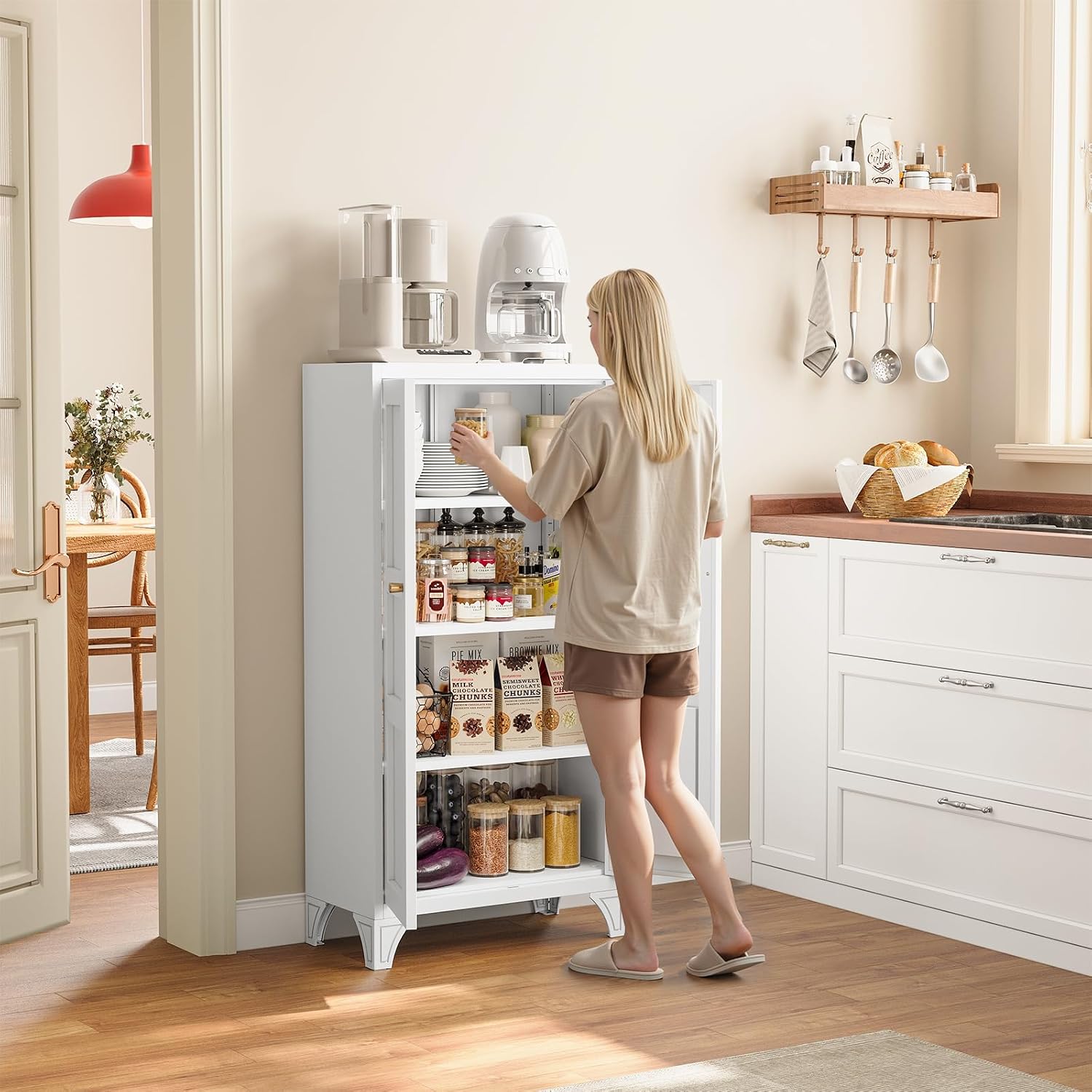 Metal Storage Cabinet with 2 Doors and 4 Adjustable Shelves - 61" White Kitchen Pantry Storage 5-Tier Tall Steel Cabinets Locker for Kitchen, Living Room, Dining Room
