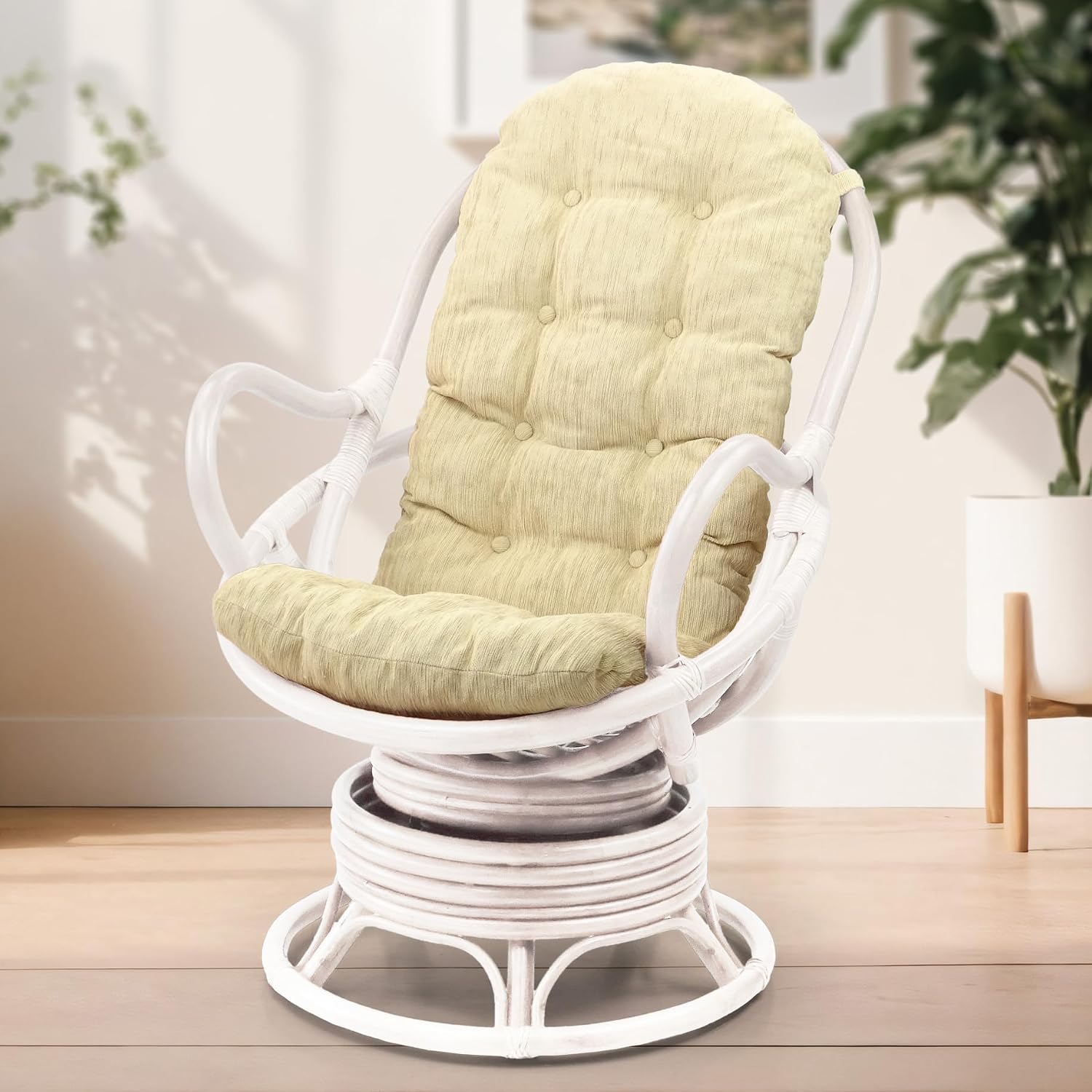 Lounge Swivel Rocking Java Chair Rattan Wicker Handmade with Cream Cushion, White Color