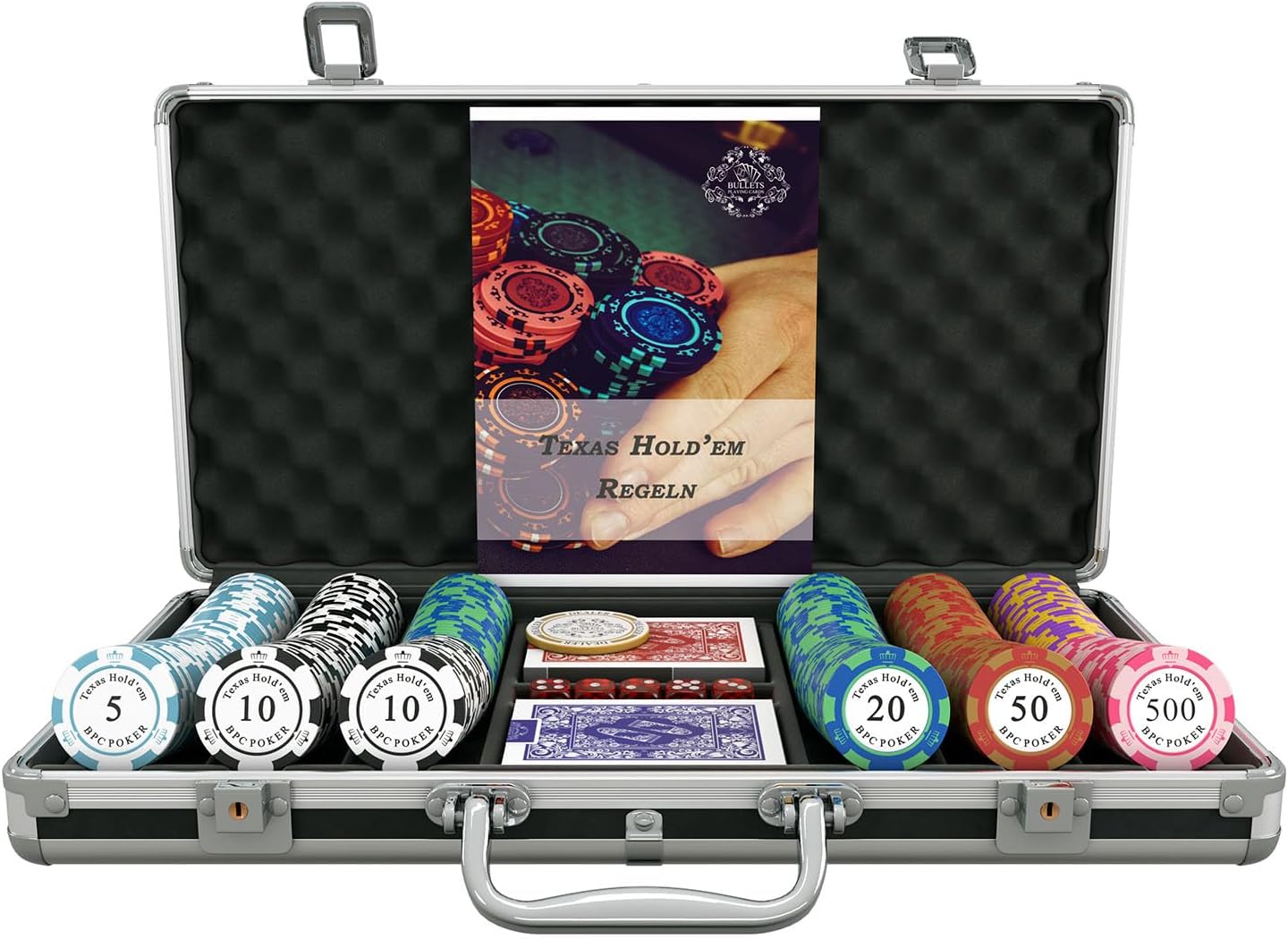 Bullets Playing Cards | Poker Set Corrado | 500 Clay Poker Chips (14 g) with Aluminum Case & Playing Cards – Texas Hold’em