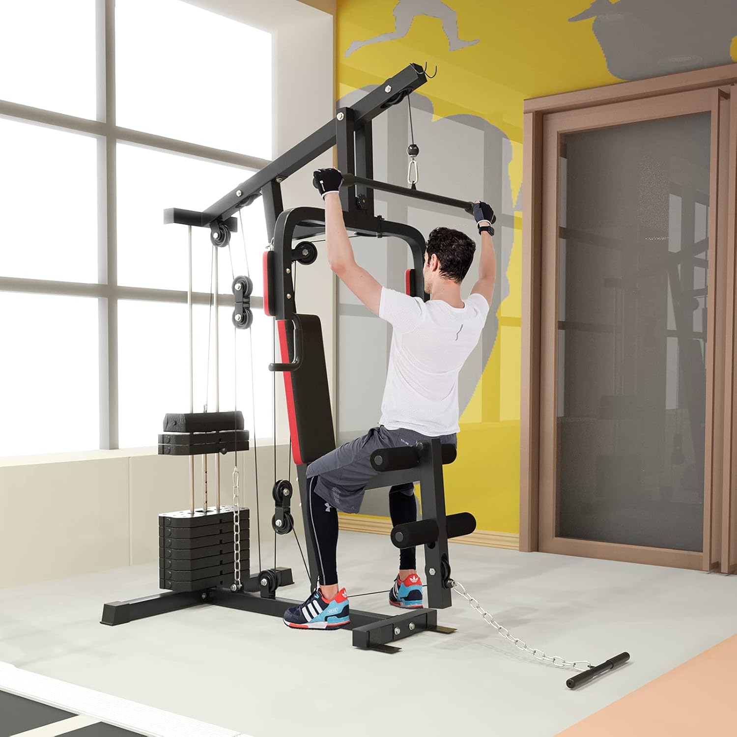 GYMAX Home Gym, Multifunctional Workout Equipment with Leg Extension, Pulley System & 100lbs Weight Stack, Full Body Strength Training Machine