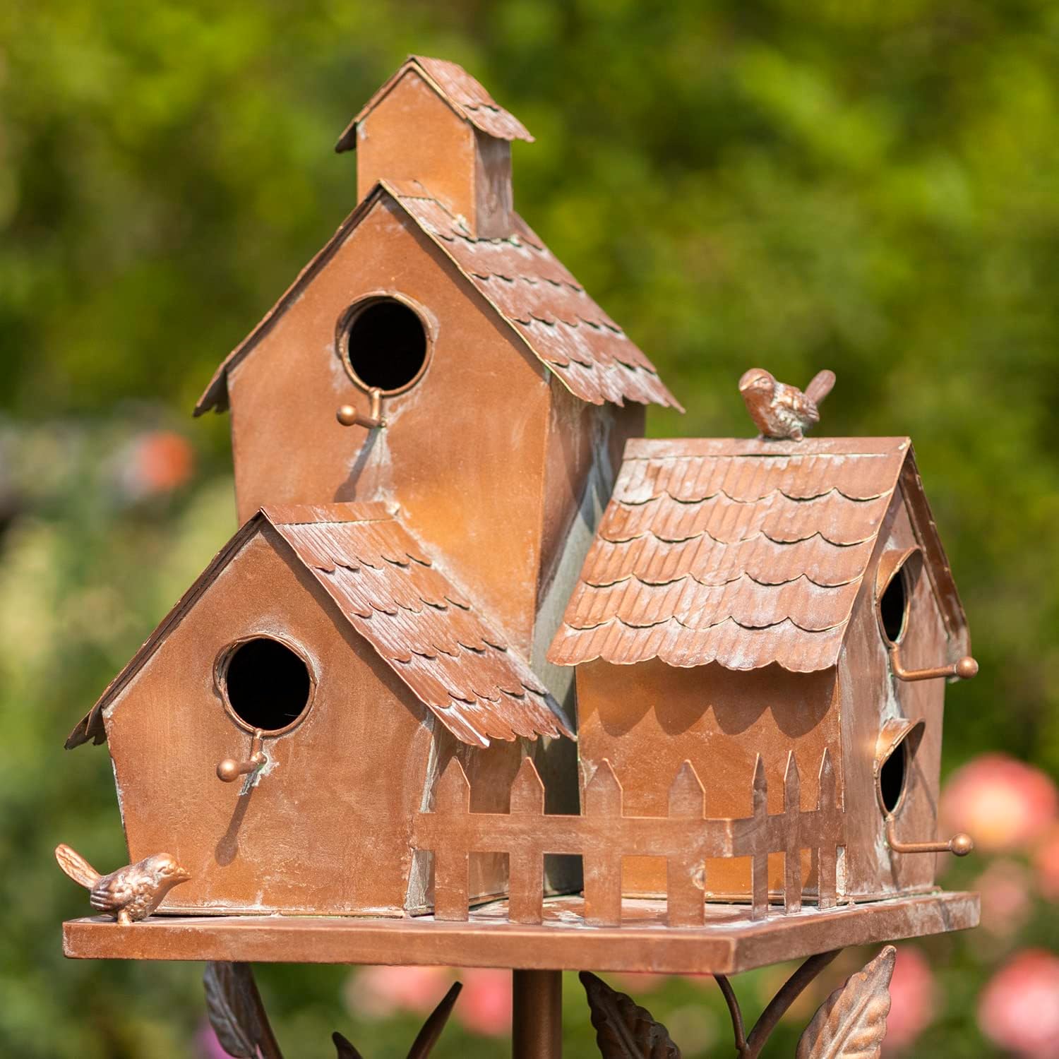 Large Copper Colored Multi-Birdhouse Stakes, Room for 4 Bird Families in Each (Cube Homes with Pyramid Roofs)