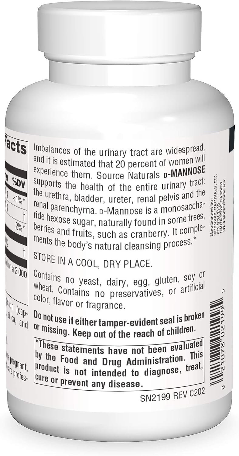 Source Naturals, D-Mannose - 500mg - 30 Capsules | Supports Urinary Tract & Bladder Health