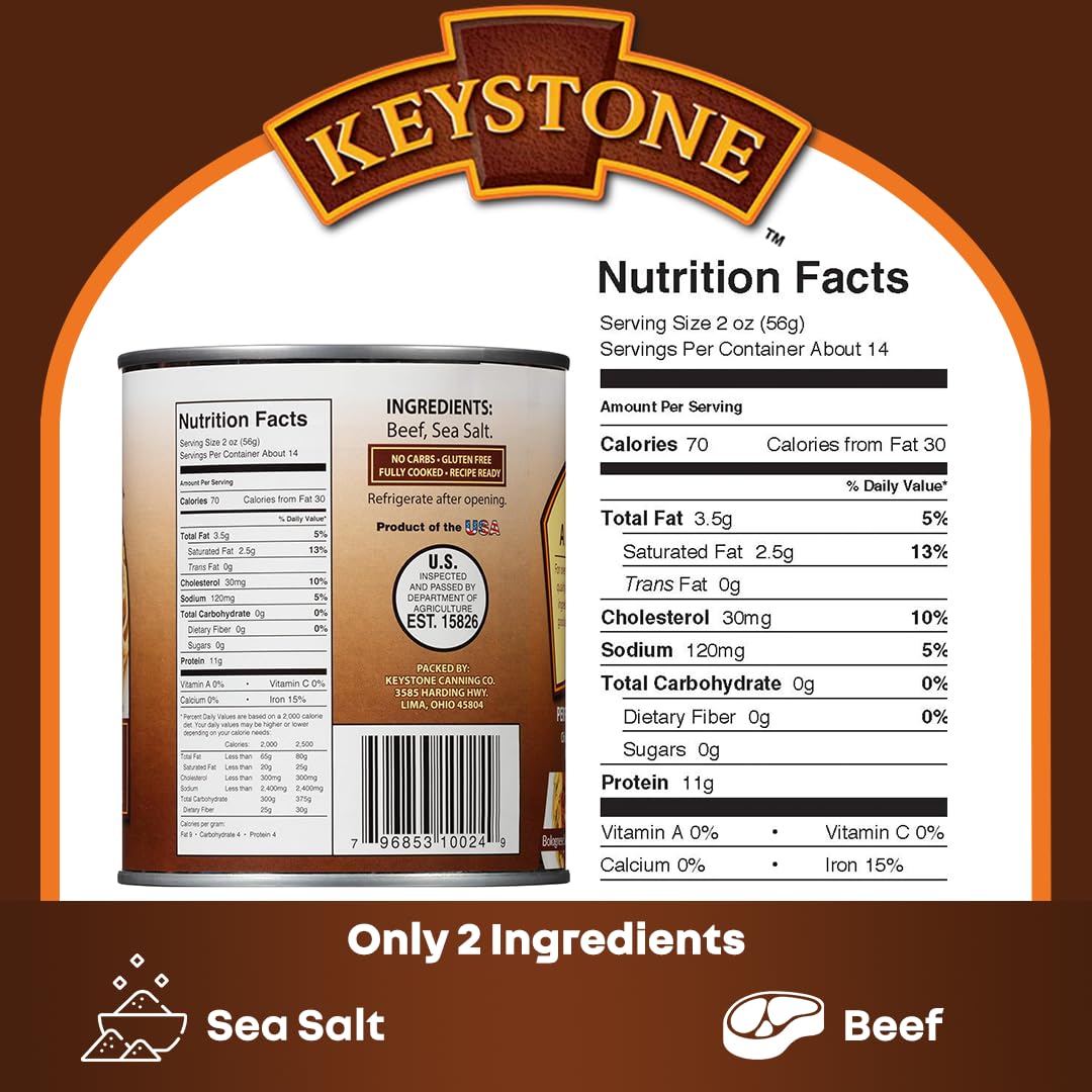 Keystone Meats All Natural Heat and Serve Ground Beef 14 oz – Fully Cooked Canned Meat – Ready to Eat – 5-Year Shelf Life – Pantry Staple for Everyday Meals, Emergency Survival Canned Food – Made in USA – Pack of 3