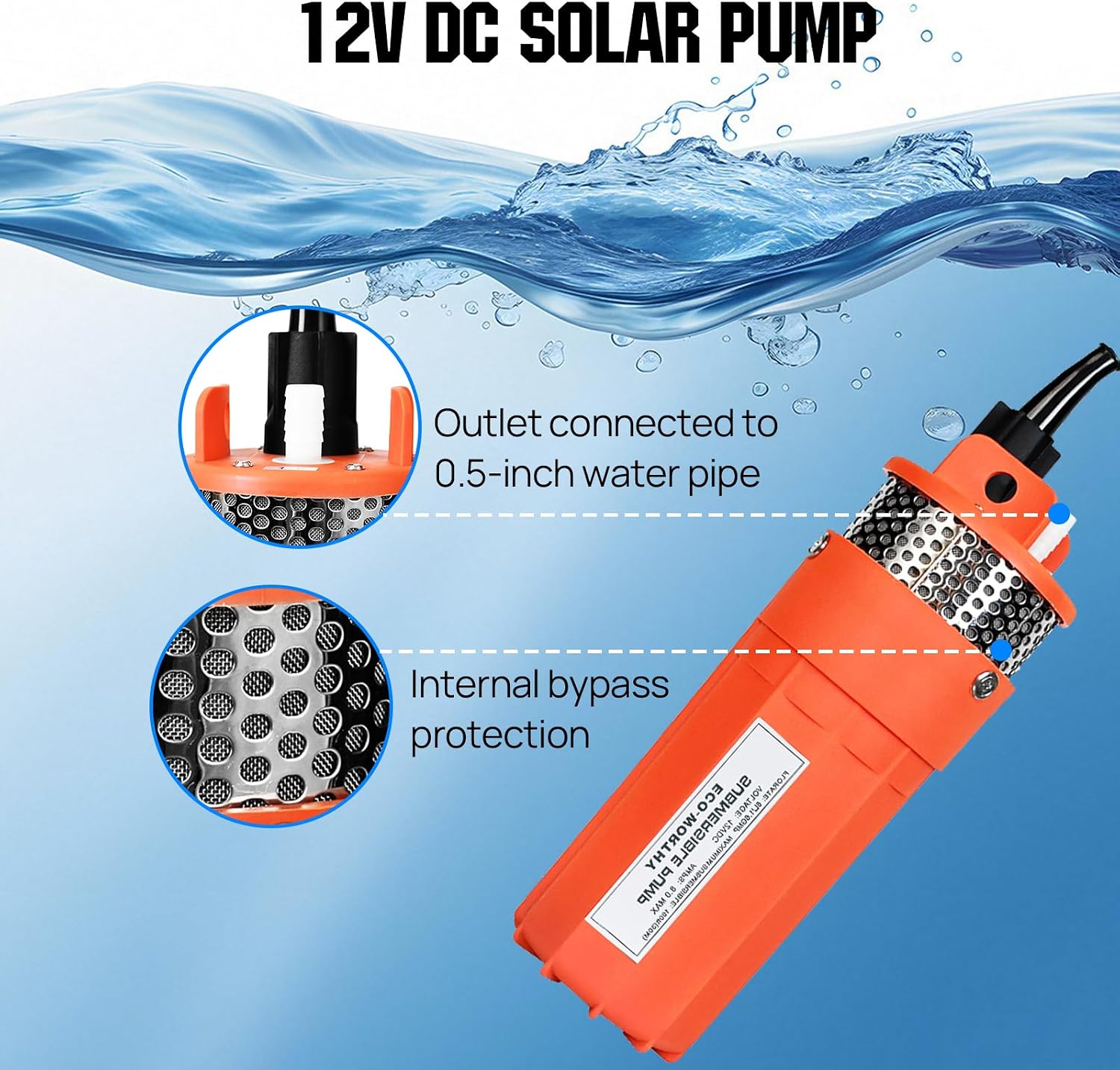 ECO-WORTHY 24V Submersible Deep Well Water Pump with 10ft Cable 1.6GPM 4'' 5A, Max Lift 230ft/70m, DC Pump/Alternative Energy Solar Battery Farm & Ranch Submersible Deep Well Pump