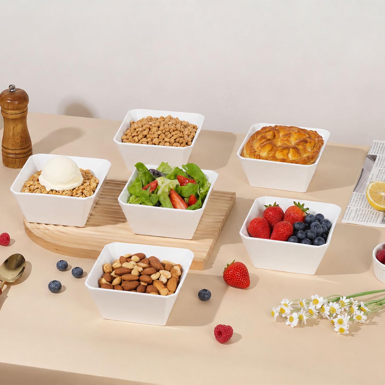 Samsle Porcelain Cereal Bowls, 16 oz Square Serving Bowls Set, 5 Inch White Ceramic Bowls for Salad, Soup, Snack, Dessert and Marmalade