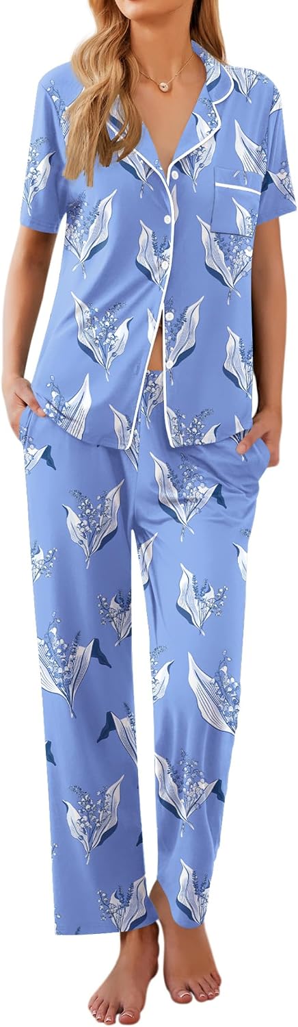 Ekouaer Womens Pajamas Set Short Sleeve Button Down Top & Pants Lounge Pjs