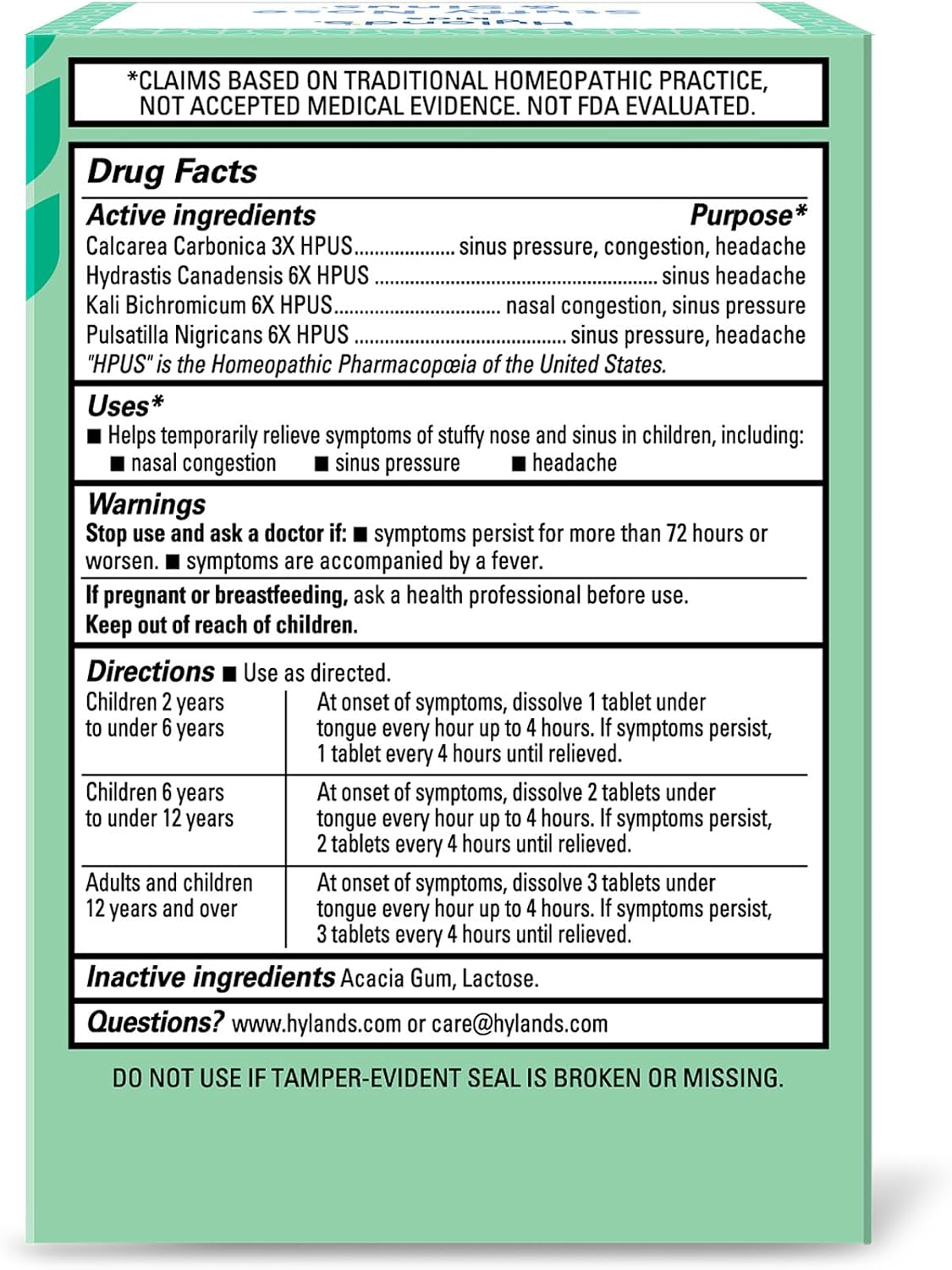 Hyland's Kids Stuffy Nose and Sinus Tablets, for Children Ages 2+, 50ct