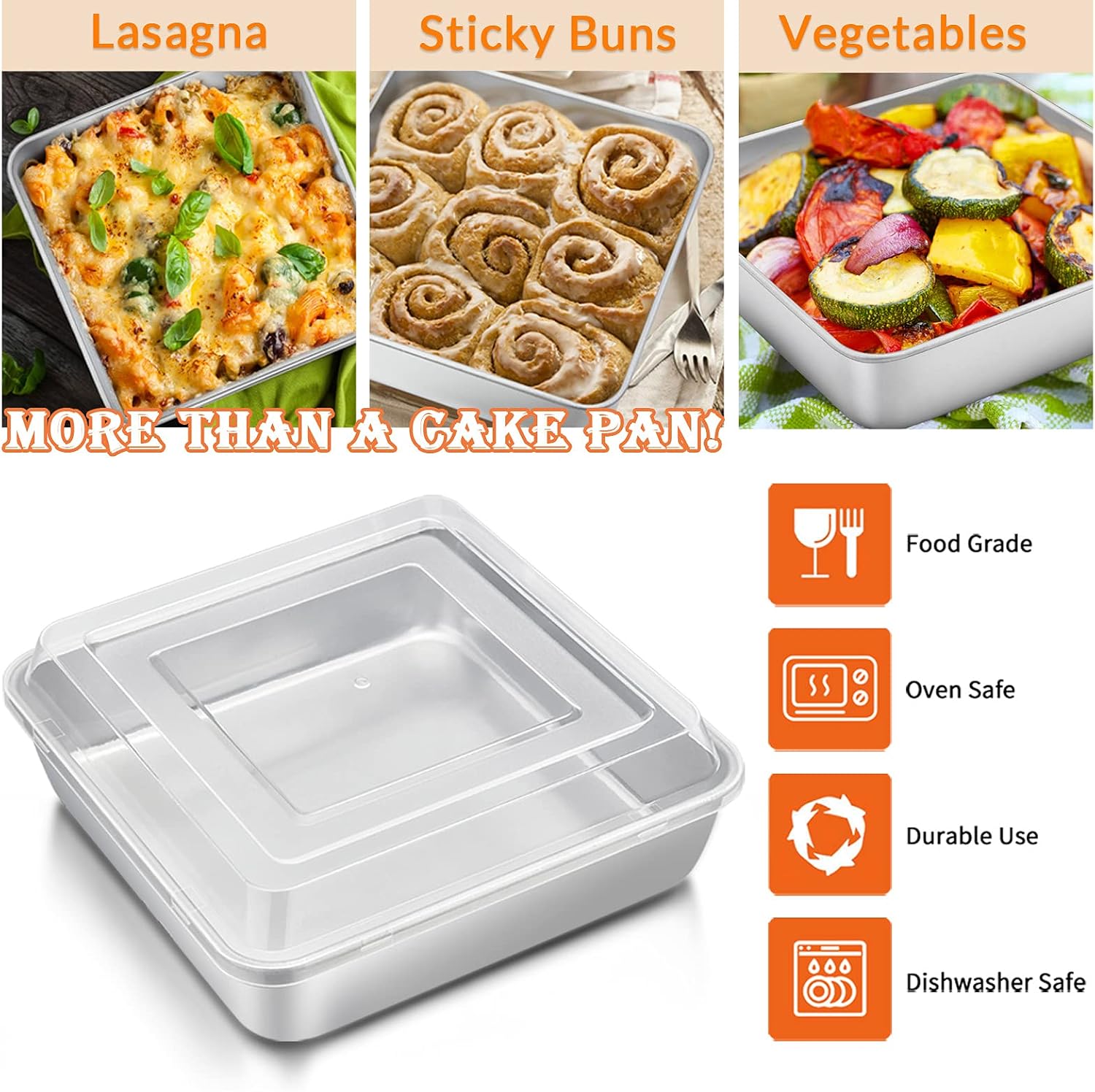E-far 8 x 8-Inch Baking Pan with lid, Square Cake Brownie Baking Pans Stainless Steel Bakeware Set of 2, Non-toxic & Healthy