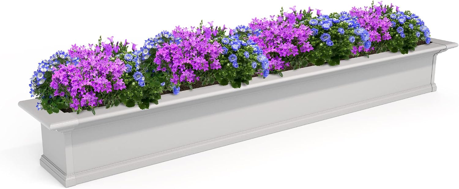 Mayne Yorkshire 60in Self-Watering Rectangular Window Box Planter, White | Self-watering, All season, Fade resistant, Customizable, Mounting brackets included, Built-in overflow, 15-year warranty