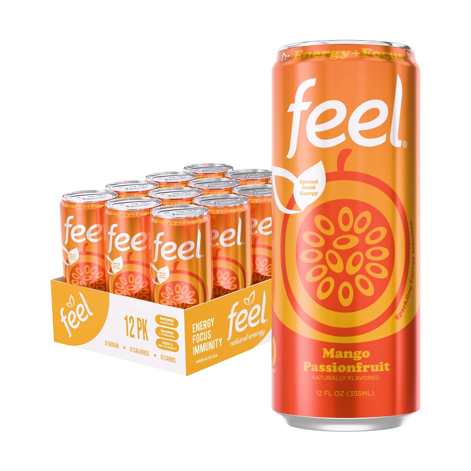 FEEL Variety Pack – Zero Sugar Sparkling Energy Drink – 3 Flavor Assortment, 140mg Plant-Based Caffeine from Green Coffee Beans + L-Theanine – Vitamin C, Vegan, Non-GMO – 12 Pack (12 Fl Oz Cans)
