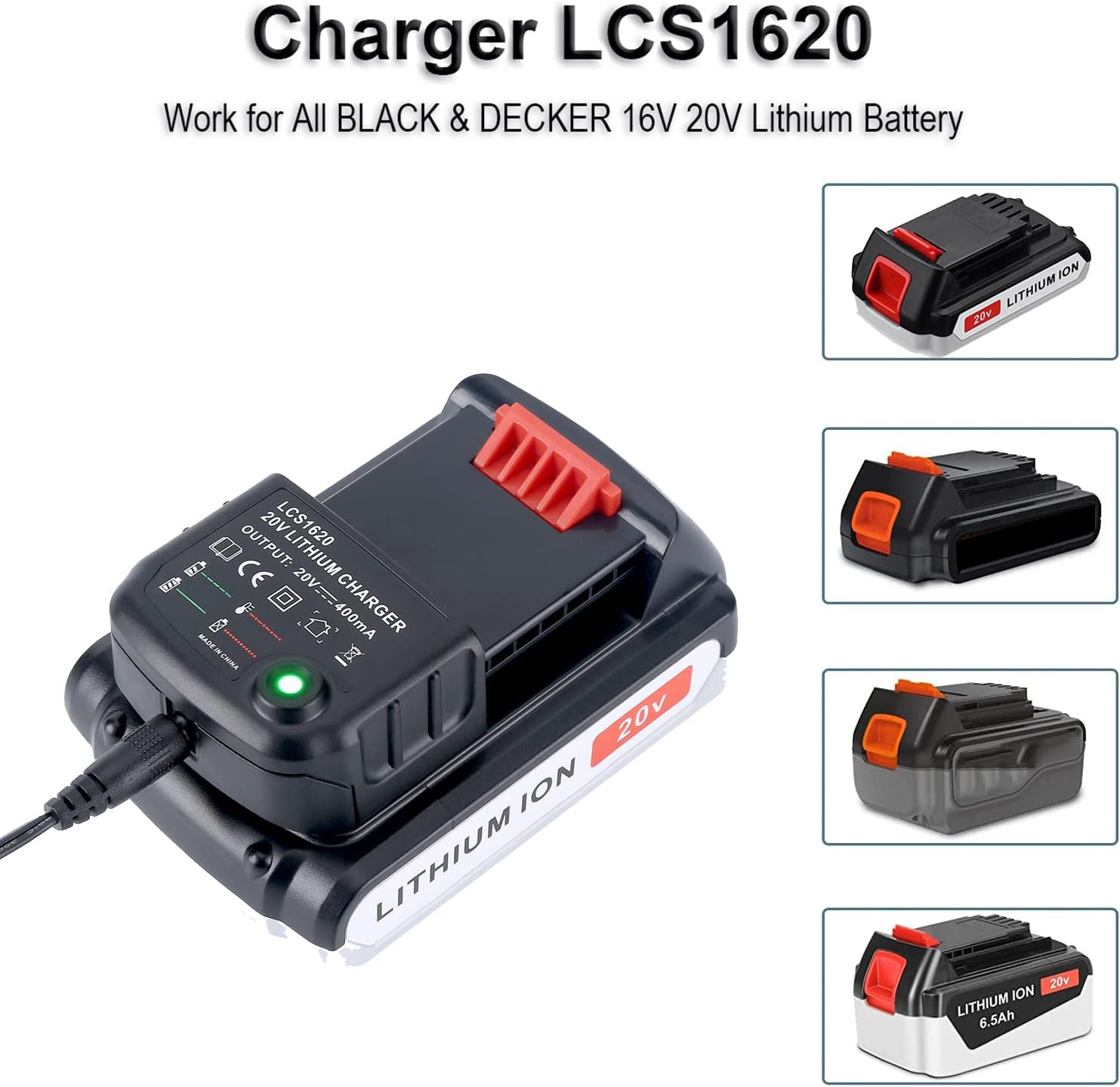 20Volt Li-Ion Battery Charger Replacement for Black+Decker LCS1620 90590282 20V MAX Lithium Ion Battery LBXR20 LBXR20-OPE LB20 LBX20 LBX4020