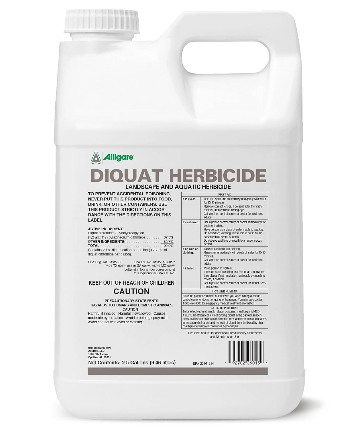 Alligare Diquat Herbicide to Control Bluegrass, Duckweed, Hydrilla & More - Glyphosate Alternative, Fast-Acting Non-Selective Liquid Weed Killer for Aquatic & Landscape Use - 2.5 Gallon