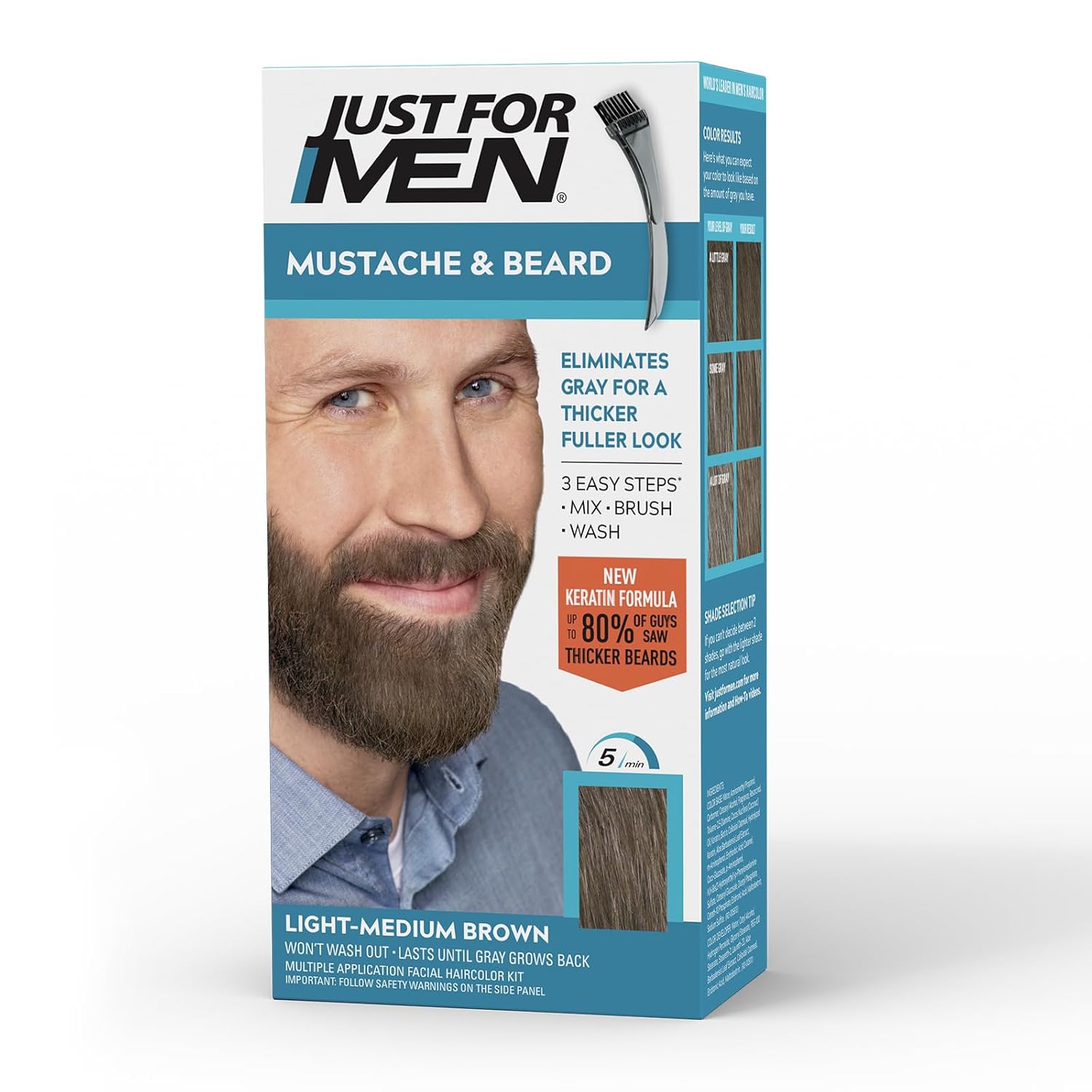 JUST FOR MEN Mustache & Beard Dye, Keratin, Light-Medium Brown M-30 (3 Pk) | Mustache & Beard color light-medium brown designed for facial hair to instantly eliminate gray. Enhanced with keratin.