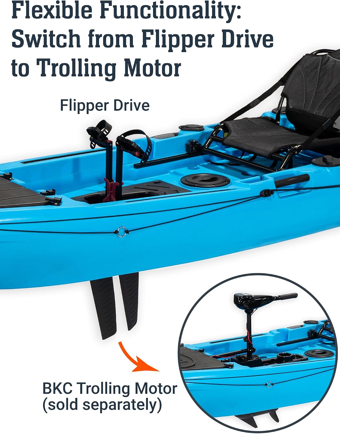BKC Brooklyn 12.5 Pro Pedal Fishing Kayak, Propeller Drive | Hands-free propeller drive, rudder steering, 550 lb capacity, dry storage, rod holders, 12.5 ft sit-on-top hull
