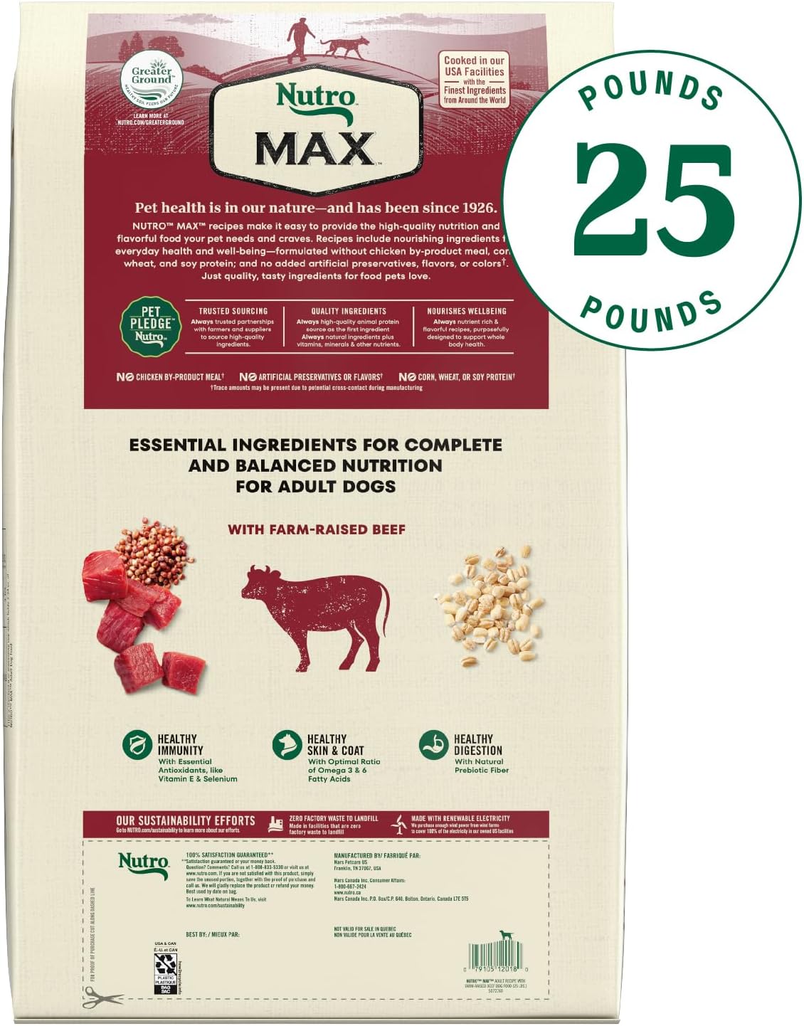 Nutro Max Adult Recipe Dry Dog Food, Farm-Raised Beef, 25 lb | Non-GMO ingredients, wholesome grains, no chicken by-product meal/corn, wheat, soy, supports muscles, energy & vitality