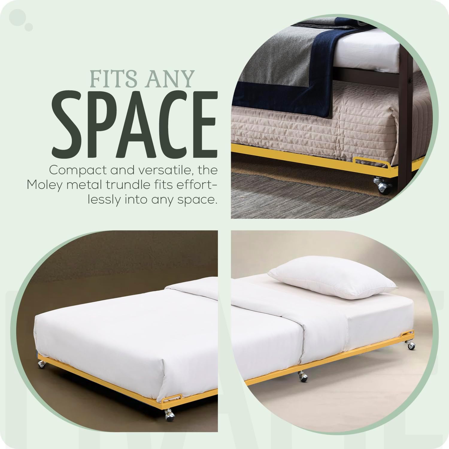 2K Furniture Designs - Twin Size Black Metal Roll Out Trundle Bed Frame for Daybed | Space-Saving Guest Bed - Slides Under Daybeds for Overnight Visitors, Dorms, and Small Spaces