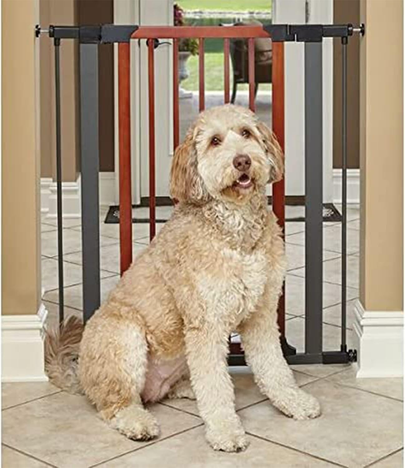 Midwest Homes 39-Inch Steel Walk-Thru Dog Gate, Expands to 38" | Pressure Mounted, Expands 29.5"- 38" Wide, Auto-Close Door, Spring-Loaded Latch, Includes Two 3" Extensions