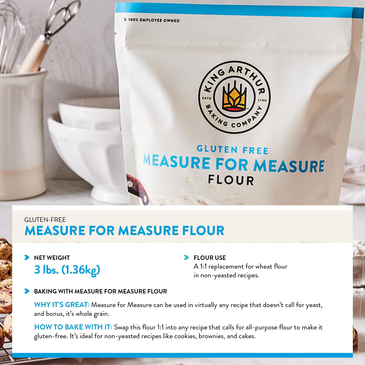 King Arthur Measure for Measure Gluten-Free Flour: All-Purpose 1:1 Substitute for Wheat Flour, Non-GMO, Kosher Certified, 3 lbs Bag for Baking Cookies, Cakes, Muffins