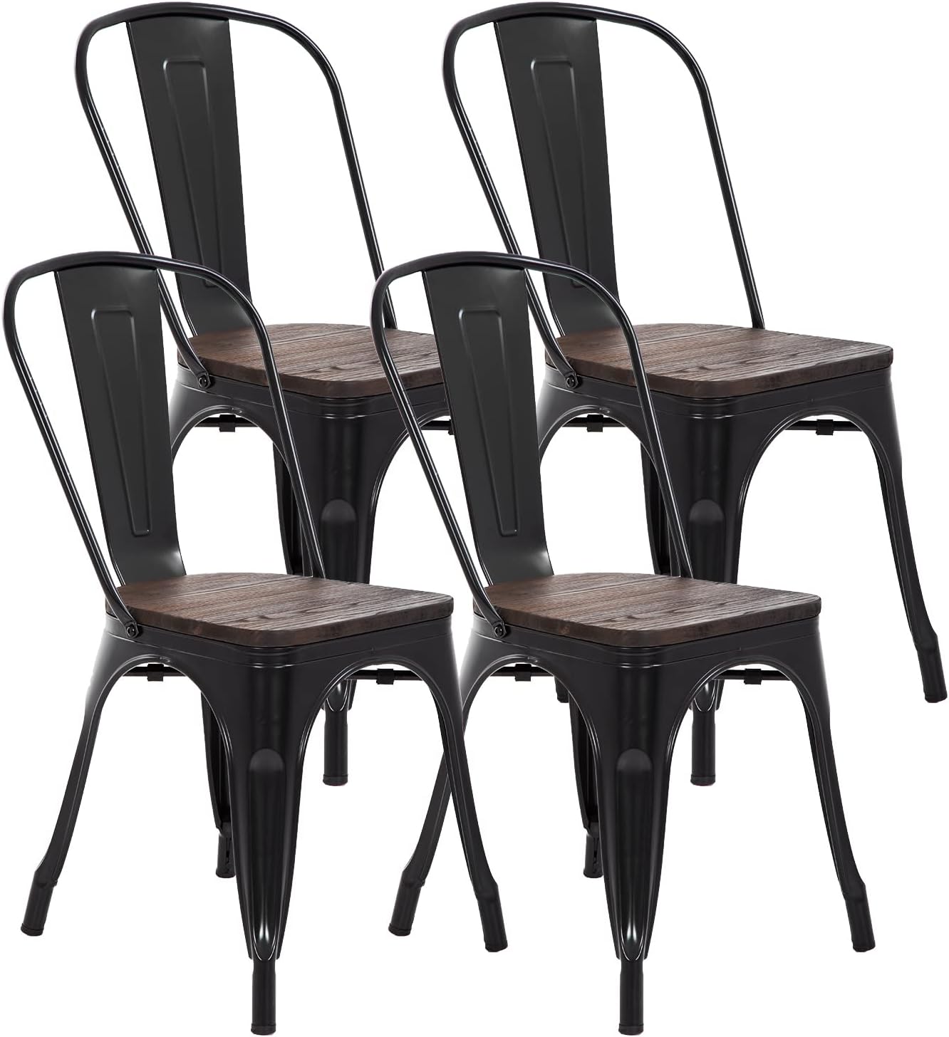 FDW | Metal Dining Chairs | Set of 4, Black | 330lbs Load | Stackable Tolix Side Chairs with Backrest | Non-Slip Feet | Indoor/Outdoor Use | Ideal for Kitchen & Restaurants