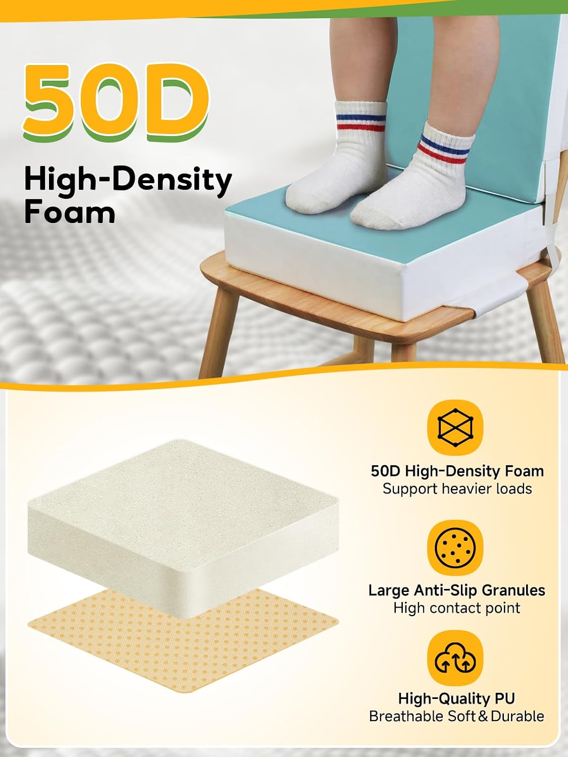 Booster Seat for Kitchen Chair - Toddler Booster Seat for Dining Table - PU Washable Double-Safety Straps with Buckle