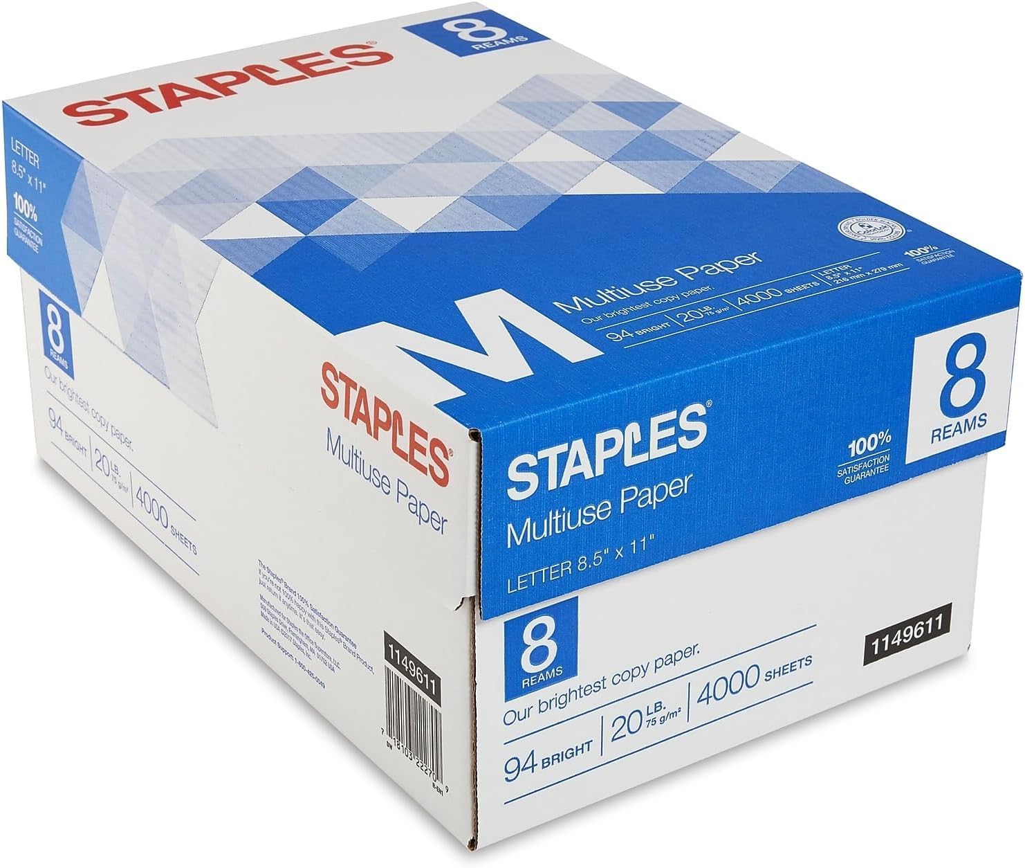 Staples Multipurpose Copy Paper, 8.5x11, 20lb, 94 Bright, 10 Reams/Carton | 5,000 white sheets total. Smooth finish reduces jams in copiers, laser & inkjet printers.