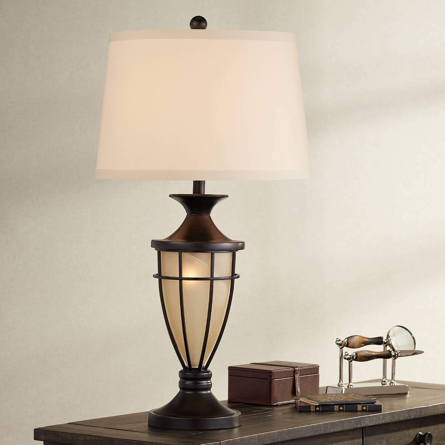 Cage 33" Large Table Lamp Mission Night Light Champagne Nightlight | Brushed Bronze Brown Iron Glass Living Room Bedroom House Bedside Nightstand Home Office Entryway Beige Drum
