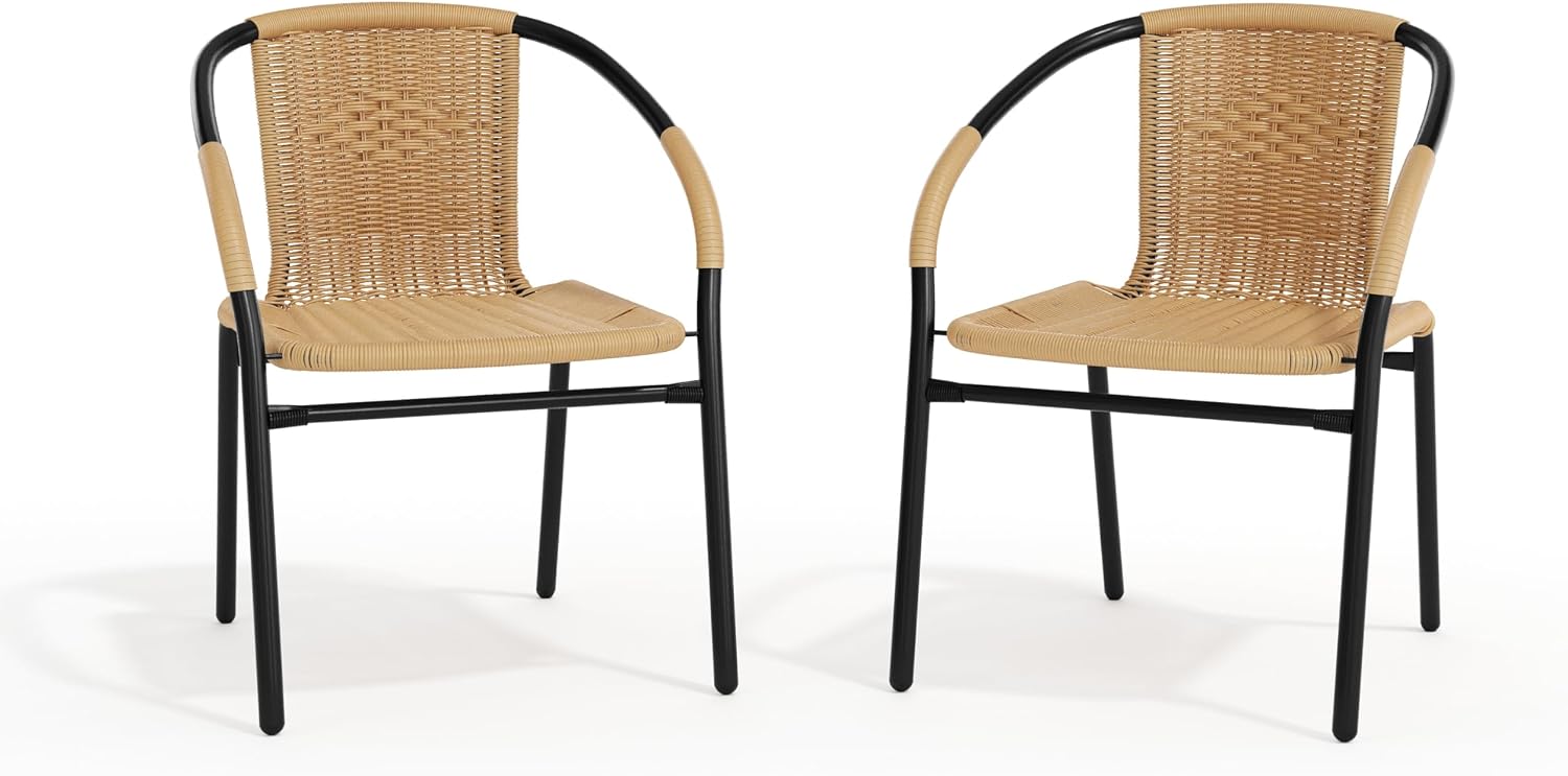 Flash Furniture Lila Modern Rattan Indoor/Outdoor Stackable Dining Chairs, Stacking Rattan Bistro Chairs for Patio or Restaurant, Set of 4, Brown | Commercial Grade, Indoor/Outdoor Use