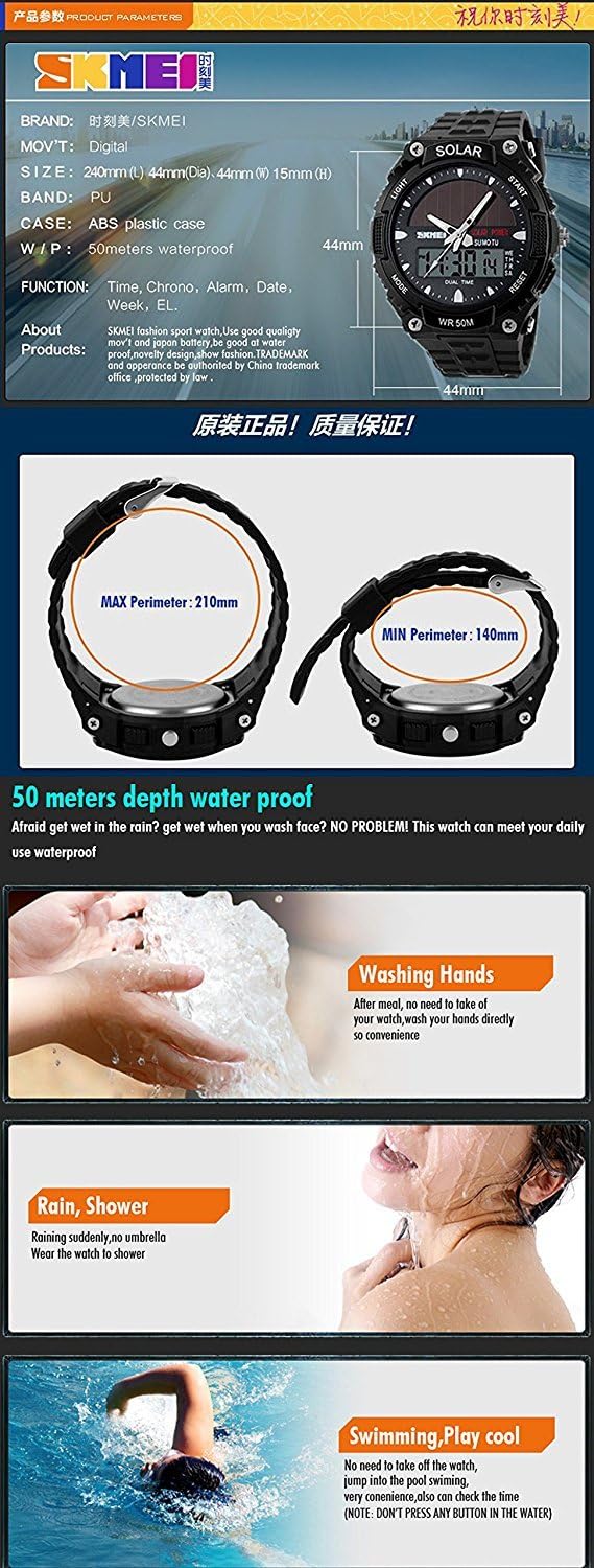 MASTOP Solar Powered Energy Watch for Men Military Digital Multifunctional Led Luminous Indication 2 Time Zone 50m Waterproof Watch Reloj Solar para Hombre
