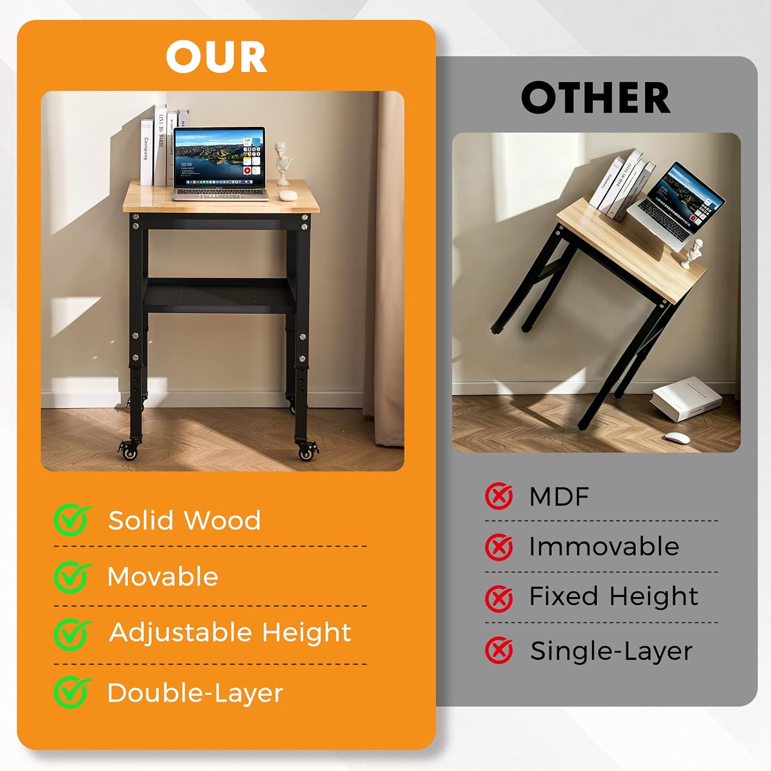 48" Adjustable Rubberwood Workbench with Foldable Extension Board & Power Outlet, Extra Large 48x32In 9-Level Height 27"-37", 2000 LBS Heavy Duty for Workshop Garage Office Home