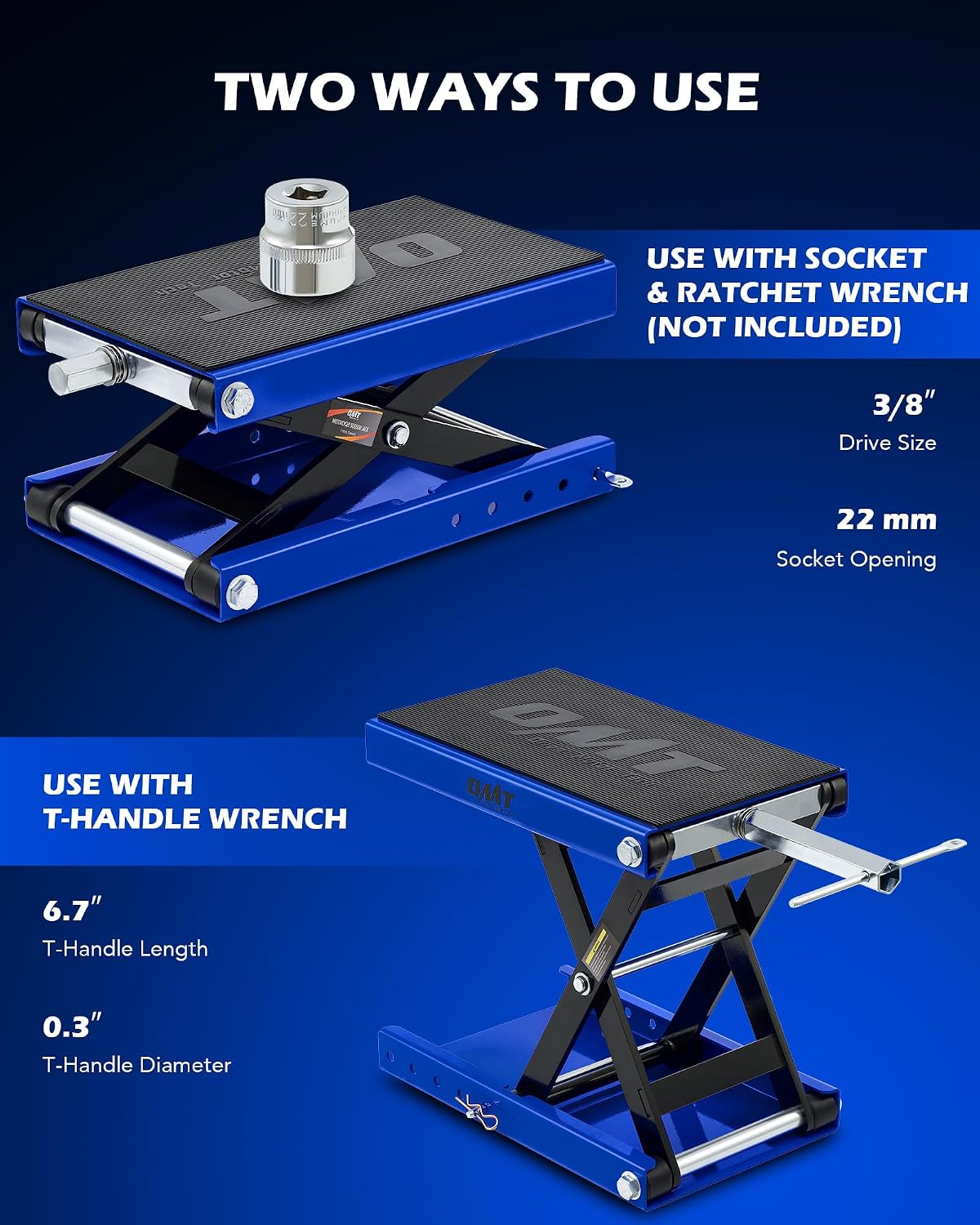 OMT 1100lb Motorcycle Scissor Lift Jack Wide Deck Motorbike Hoist Stand | Center Stand For ATV Dirt Bike Cruiser; T Handle And 3/8 Inch Socket; 3.7 To 14.6 Inch Lift; 5 Locking Holes; Chain Brush