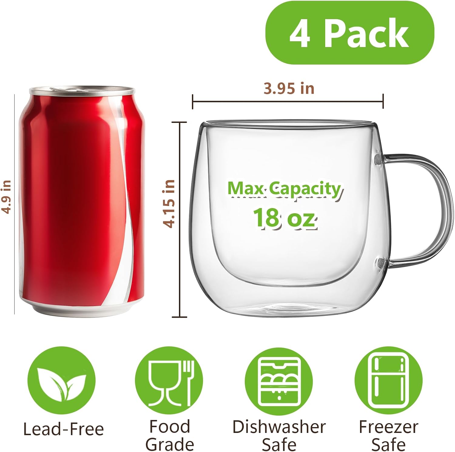 4 Pack Double Walled Glass Coffee Mugs, 16 oz Large Insulated Clear Coffee Cups with Handle, Cappuccino Mug for Espresso, Latte, Americano, Tea Bag