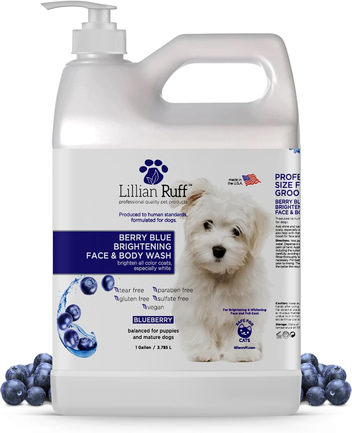 Lillian Ruff PRO Formula Berry Blue Brightening Pet Shampoo - Ultra-Hydrating Professional Whitening Dog Shampoo, Vivid Show-Quality Coat Enhancer, Tear Stain & Odor Eliminator With ProVitamin B5 16oz