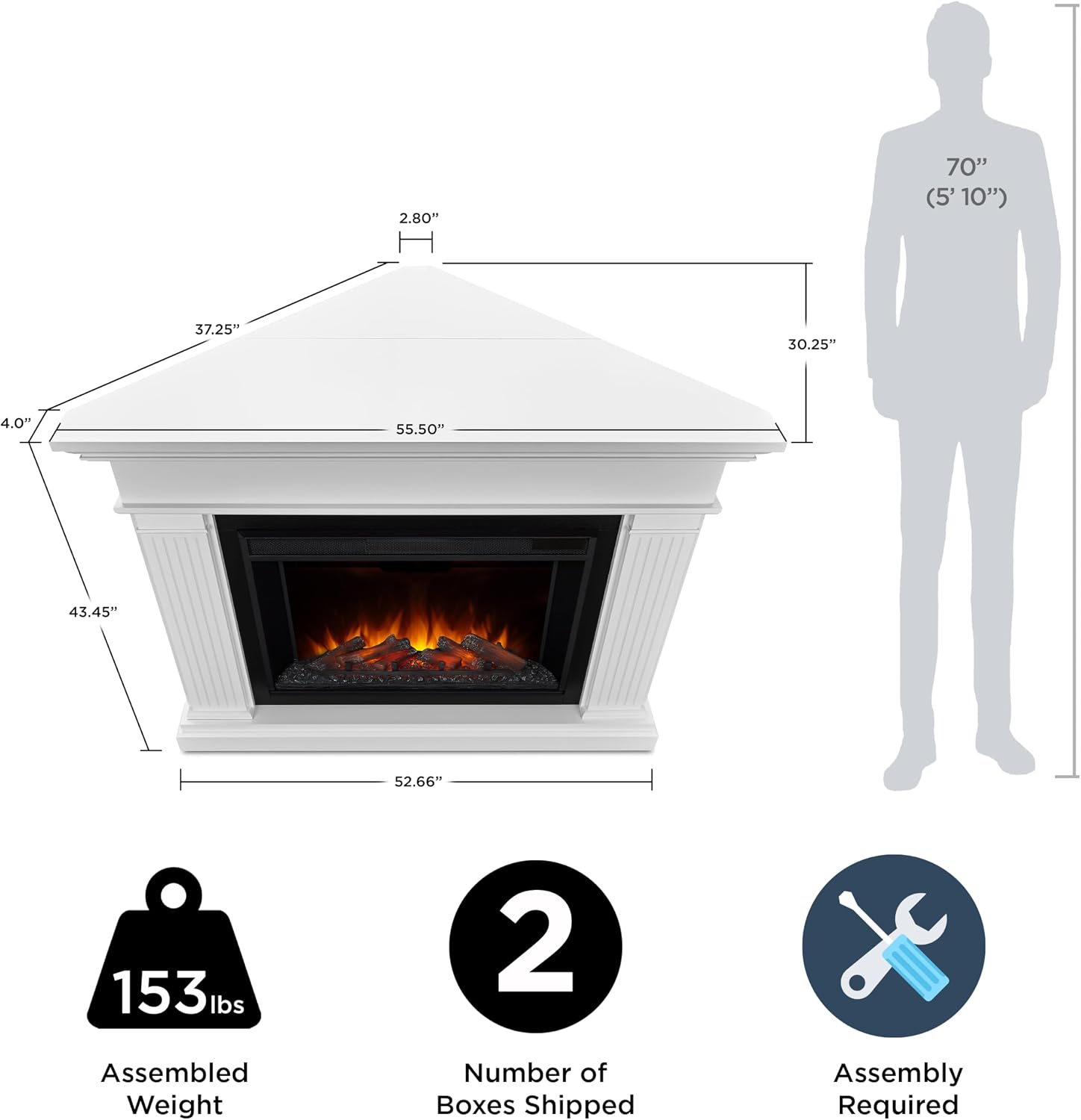 Real Flame Kennedy Grand Corner Electric Fireplace with Mantel for Living Room or Bedroom, Replaceable Fireplace Insert Heater