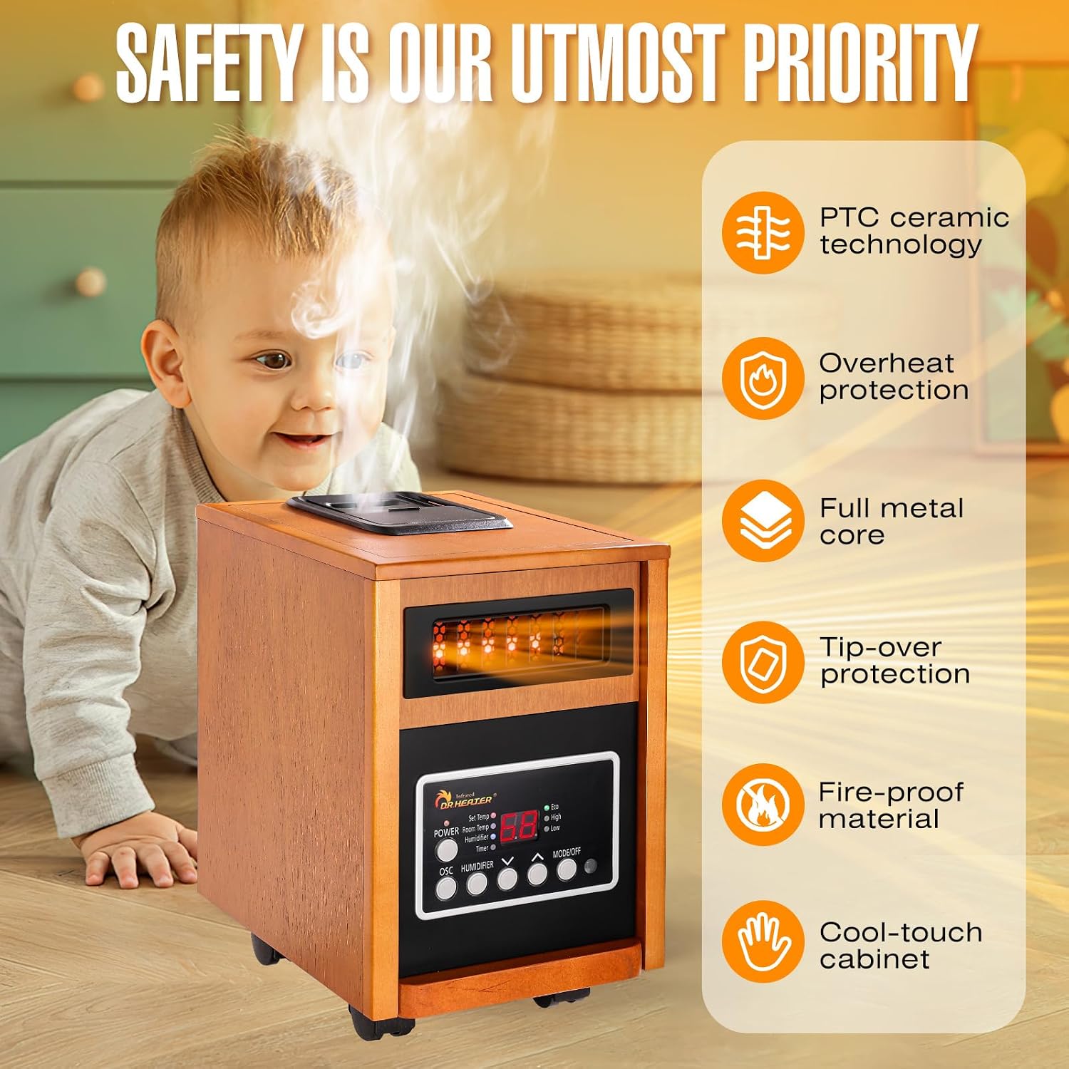 DR. INFRARED HEATER DR-998, 1500W Dual Heating Infrared Space Heater with Humidifier, Oscillation, Remote Control, Thermostat & Safety Protection, Portable with Wheels, Energy Efficient, Cherry