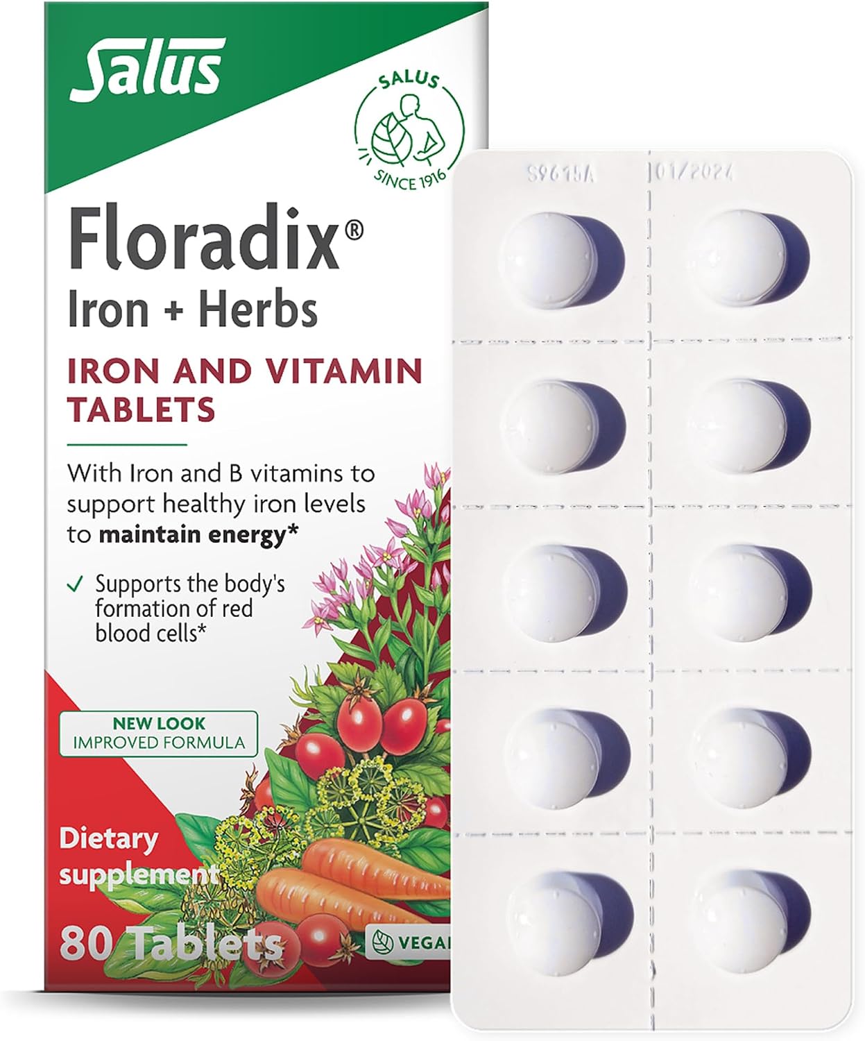 Floradix Iron Tablets - Iron Supplement with B Vitamins, Folic Acid, Vitamin C & More - Energy Support - Vegetarian & Gluten-Free - 80 Tablets (80 Servings)