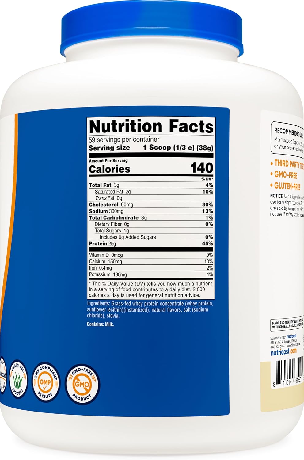 Nutricost Grass-Fed Whey Protein Concentrate (Unflavored) 2LBS | Undenatured, GMO-Free, Gluten Free, Natural Flavors