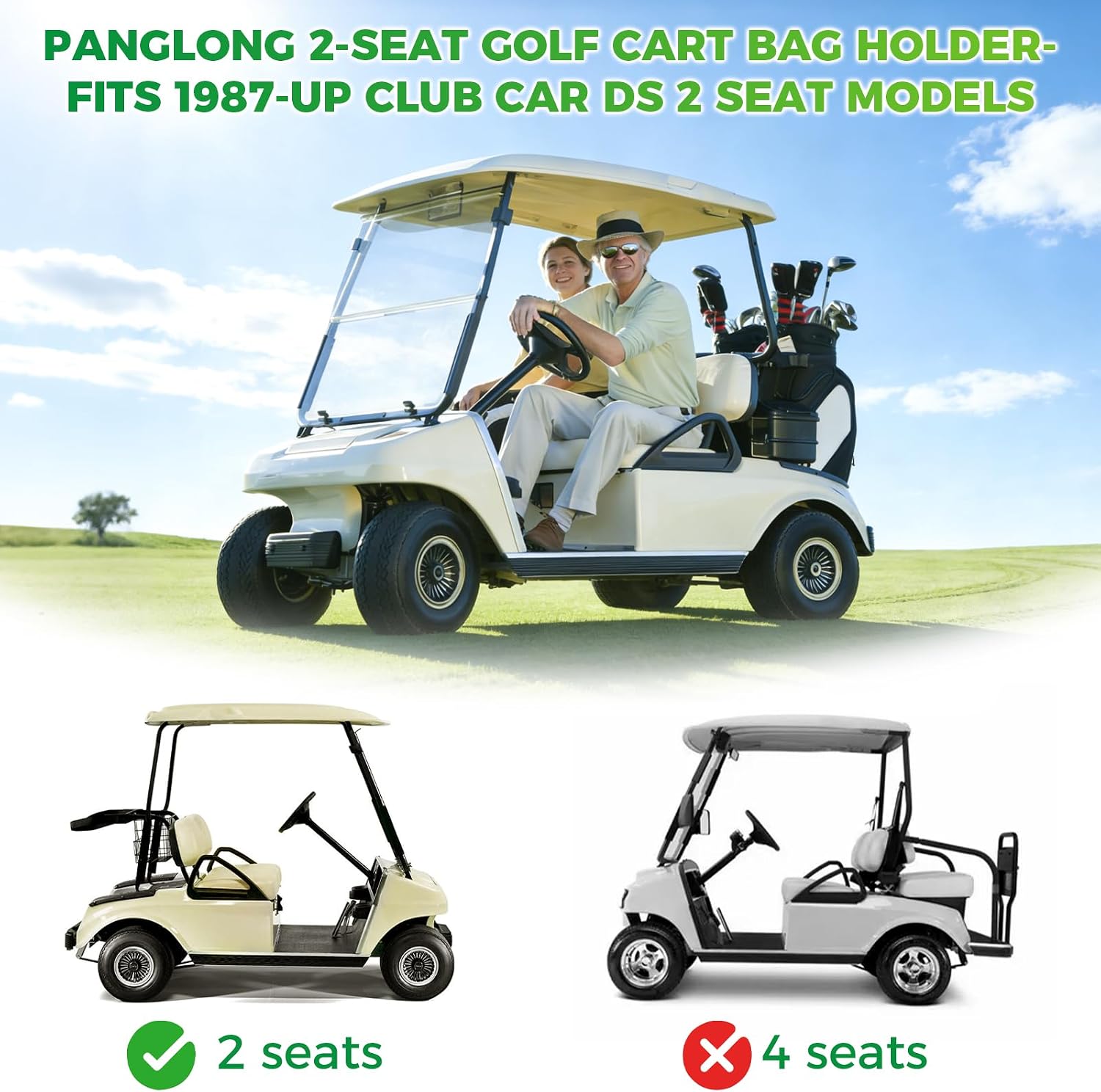 Panglong 2 Seat DS Golf Cart Bag Holder with Screws, Golf Bag Attachment for 1987-Up Club Car DS 2 Seat Models, OEM #1013935