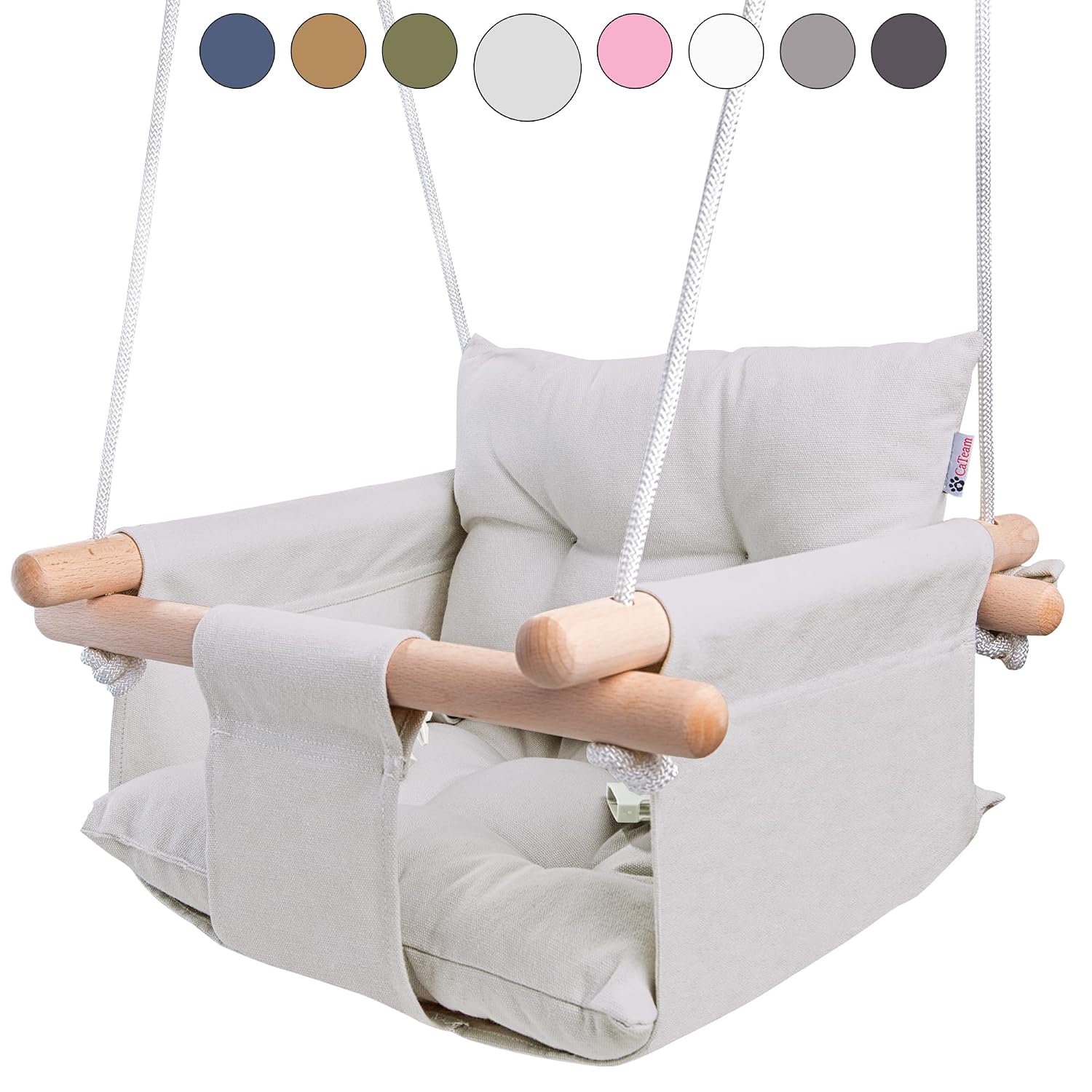 CaTeam Canvas Baby Swing Seat with 5-Point Safety Belt — Wooden Hanging Toddler Swing, Indoor & Outdoor, Ages 1-4, Ceiling Mount Hardware Included