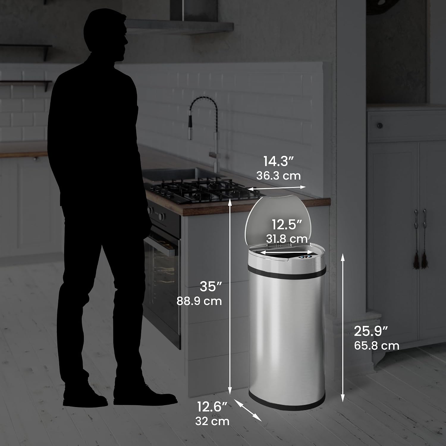 iTouchless 13 Gallon Semi-Round Extra-Wide Opening Sensor Touchless Trash Can with AC Adapter and Odor Control System