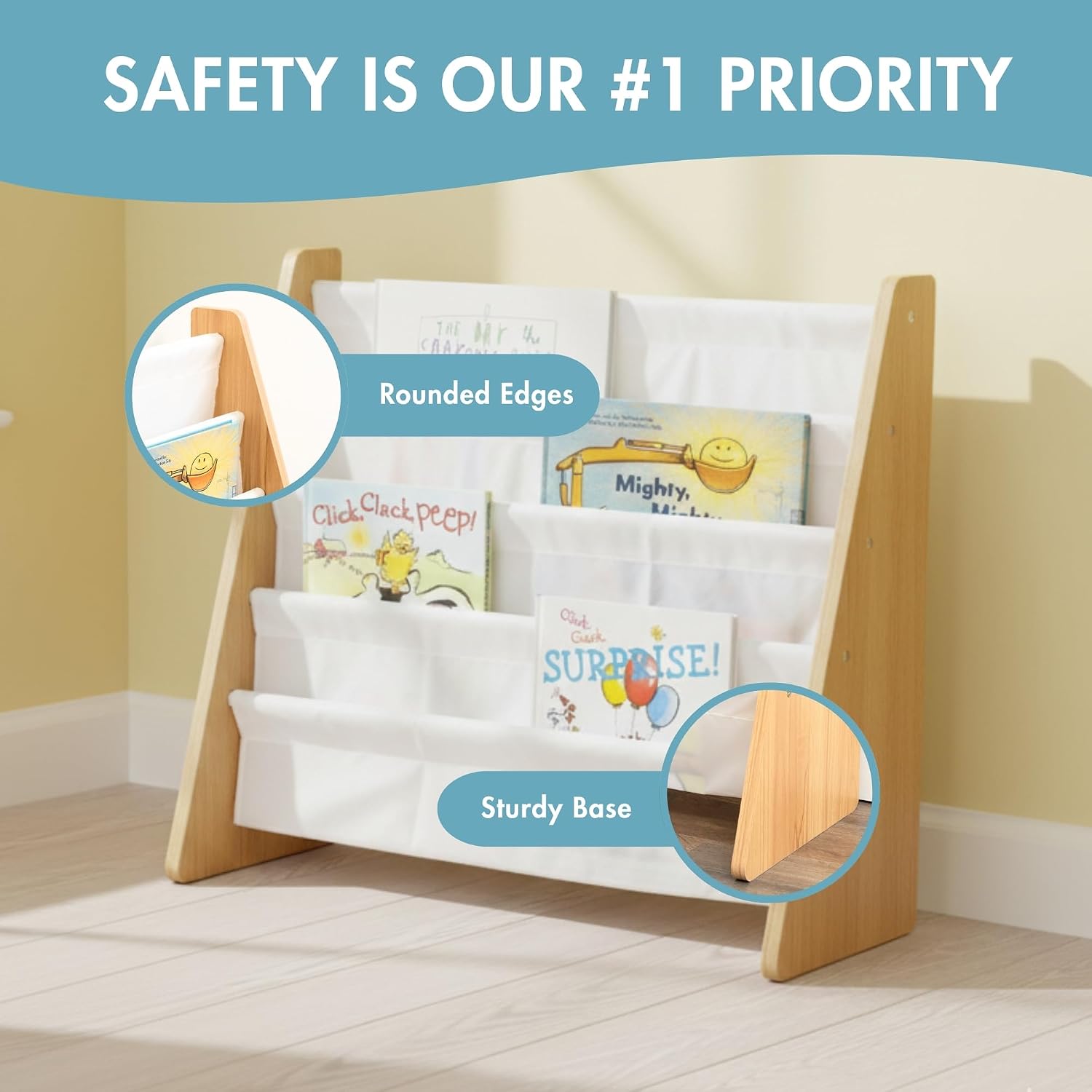 Humble Crew Kids Bookshelf, Montessori Front Facing Toddler Bookcase 4 Tier | Book display rack and reading nook organizer, nylon pockets show covers face out, compact for any playroom or bedroom space
