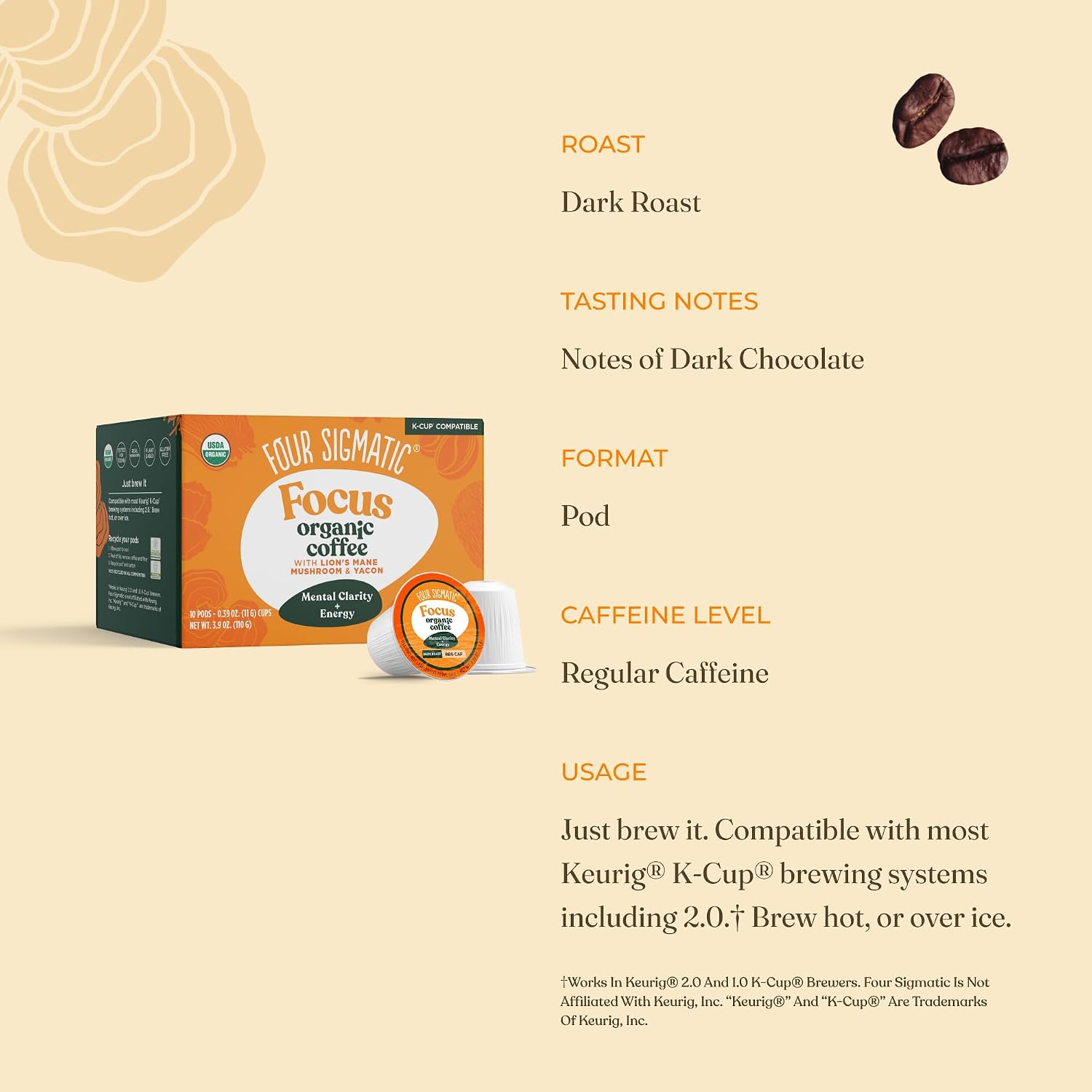 Four Sigmatic Mushroom Coffee K-Cups | Organic Dark Roast Coffee with Lion’s Mane Mushroom Powder & Yacon | Focus & Immune Support | Vegan & Keto