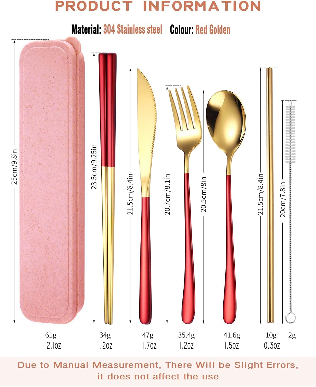 AARAINBOW 6 Pieces 18/8 Stainless Steel Flatware Set Portable Reusable Cutlery Set Travel Utensils Set Including Chopsticks Knife Fork Spoon Straws