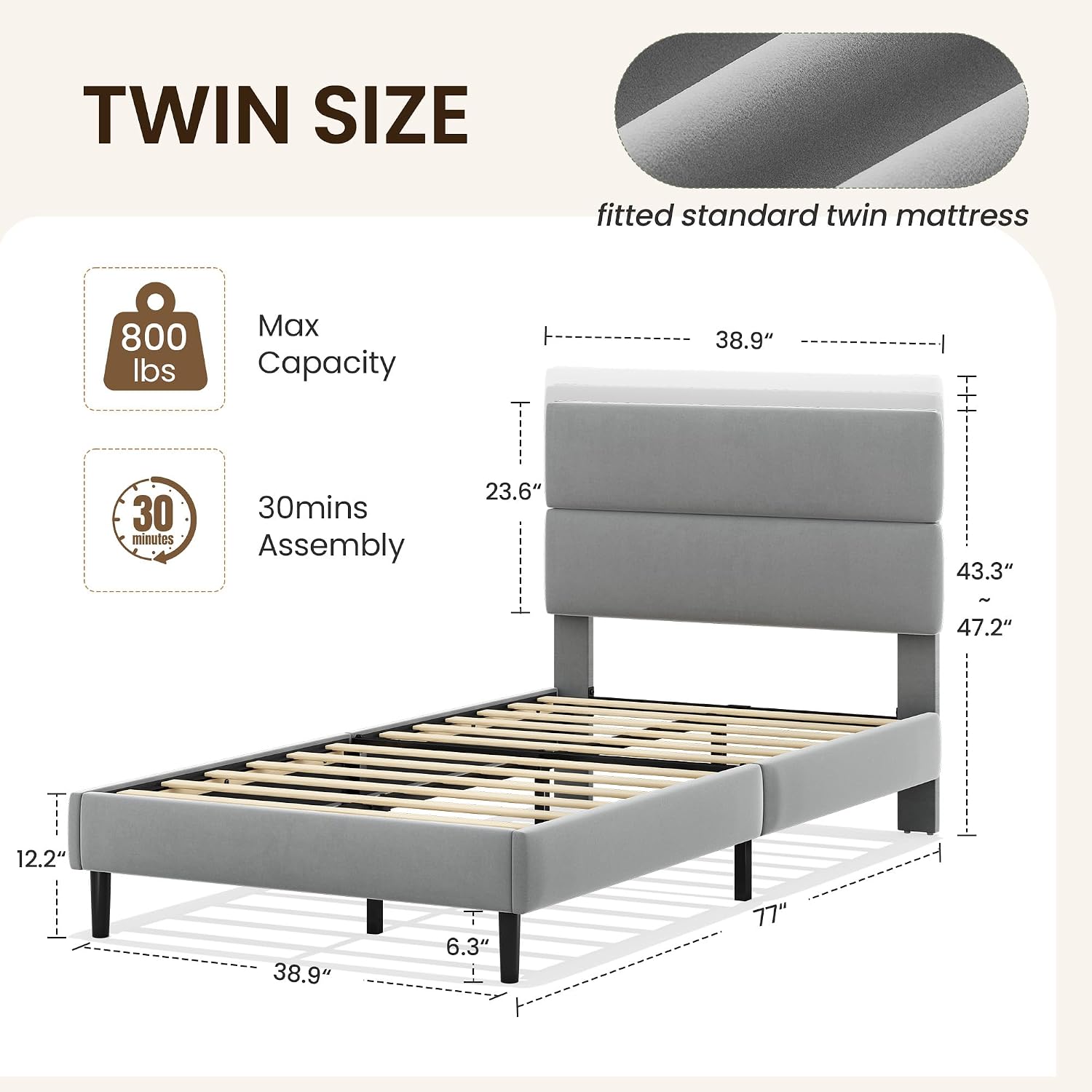 GRUSIGN Queen Size Platform Bed Frame with Velvet Headboard, Adjustable Height Wooden Slats Support, Upholstered Mattress Foundation, Fits Mattress or Mattress with Box Spring, Easy Assembly, Beige