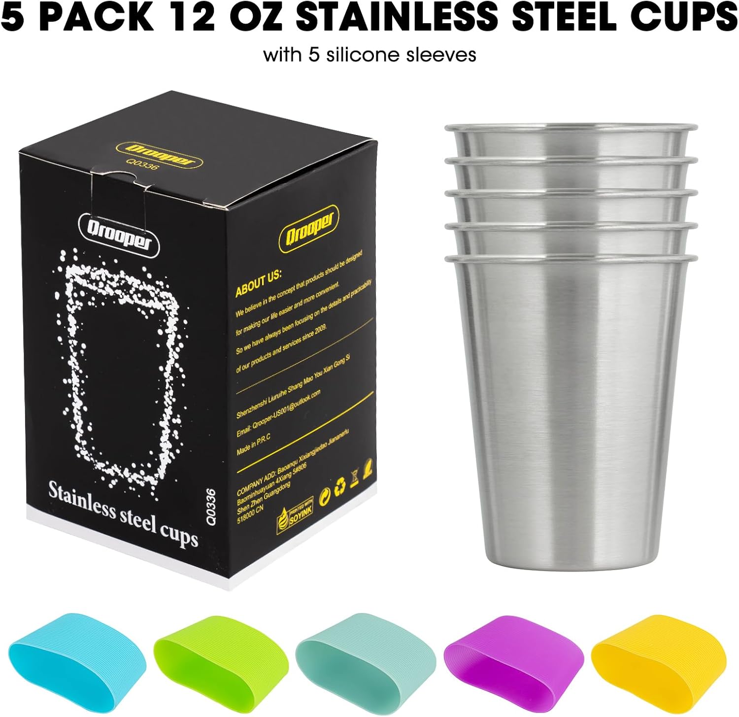 12oz Stainless Steel Cups, Metal Drinking Glasses for Kids & Adults, 5-Pack | Metal pint cup tumblers, 18/8 food-grade stainless steel, unbreakable