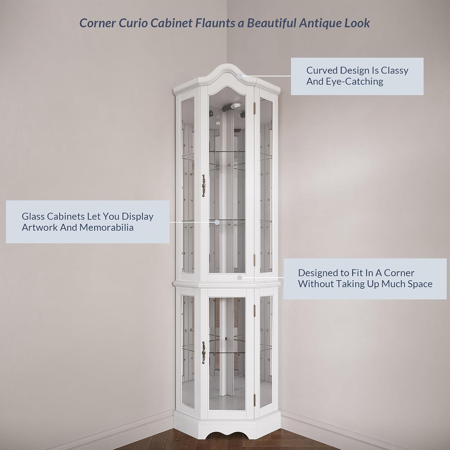 BELLEZE Lighted Corner Display Curved Top Curio Cabinet Wooden Shelving Unit with Tempered Glass Door