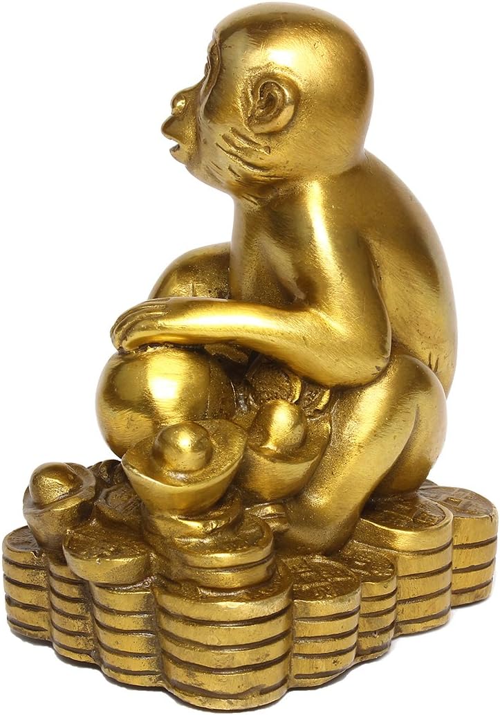 Brass Zodiac Monkey Statue, Chinese Feng Shui Decor for Wealth Luck | Golden Money Monkey Figurine, Home Desk Office Decor, Career & Wealth Decor