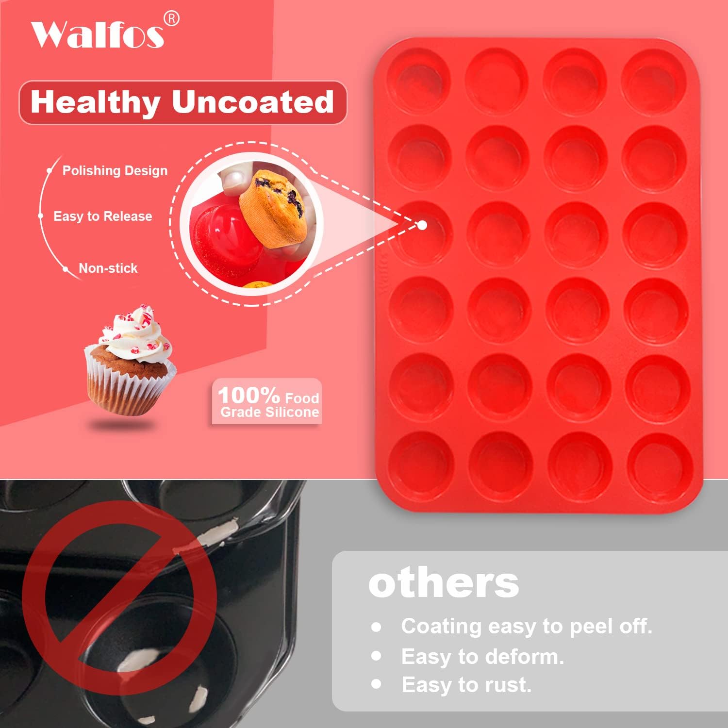 Walfos Silicone Texas Muffin Pan - 6 Cup Jumbo Silicone Cupcake Pan, Non-Stick, Just Release! Perfect for Egg Muffin