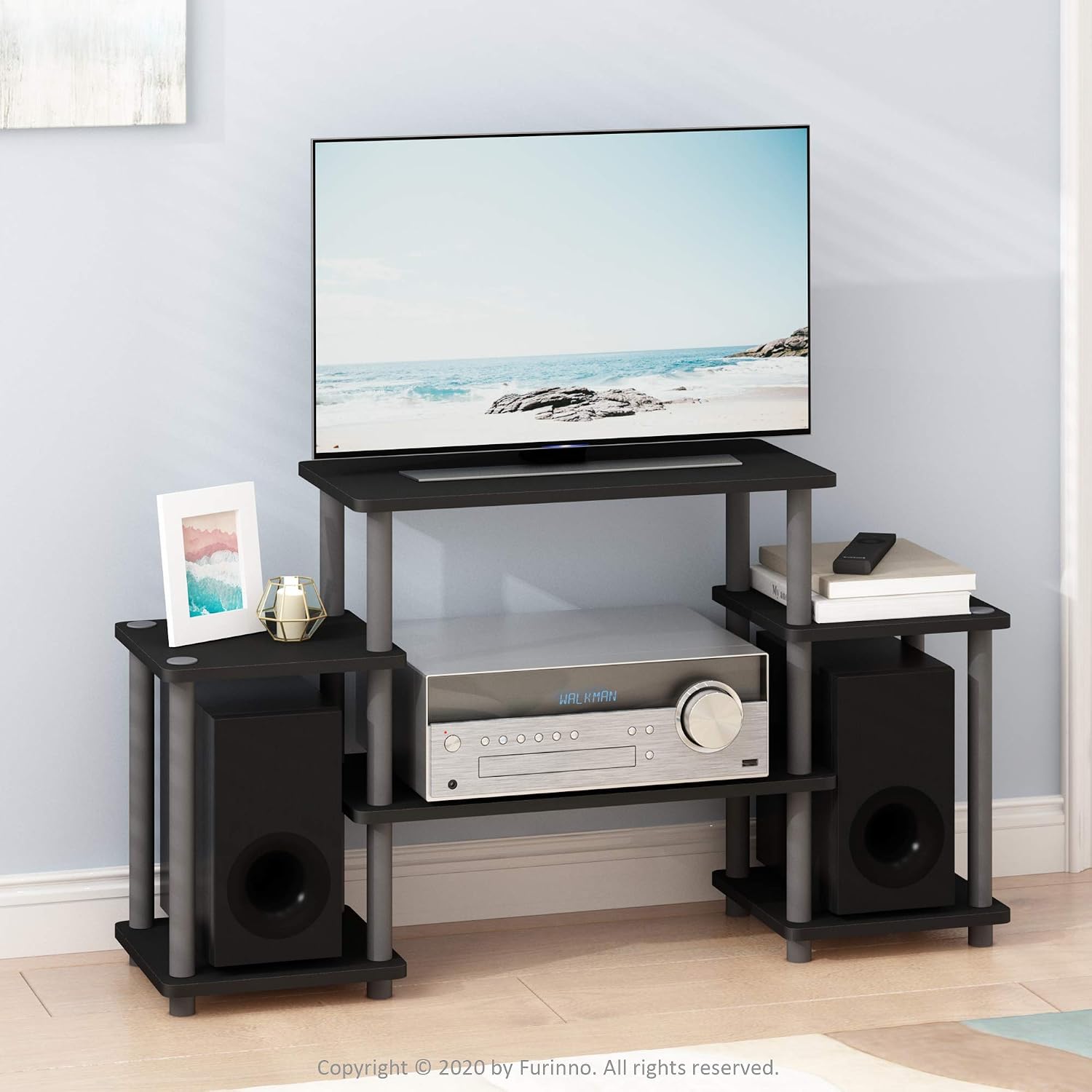 Furinno Turn-N-Tube No Tools Entertainment Center, Round Square Corner, French Oak Grey/Black | Raised Top, Open Shelves TV Console with for TV up to 32 Inch, for Living Room, Bedroom