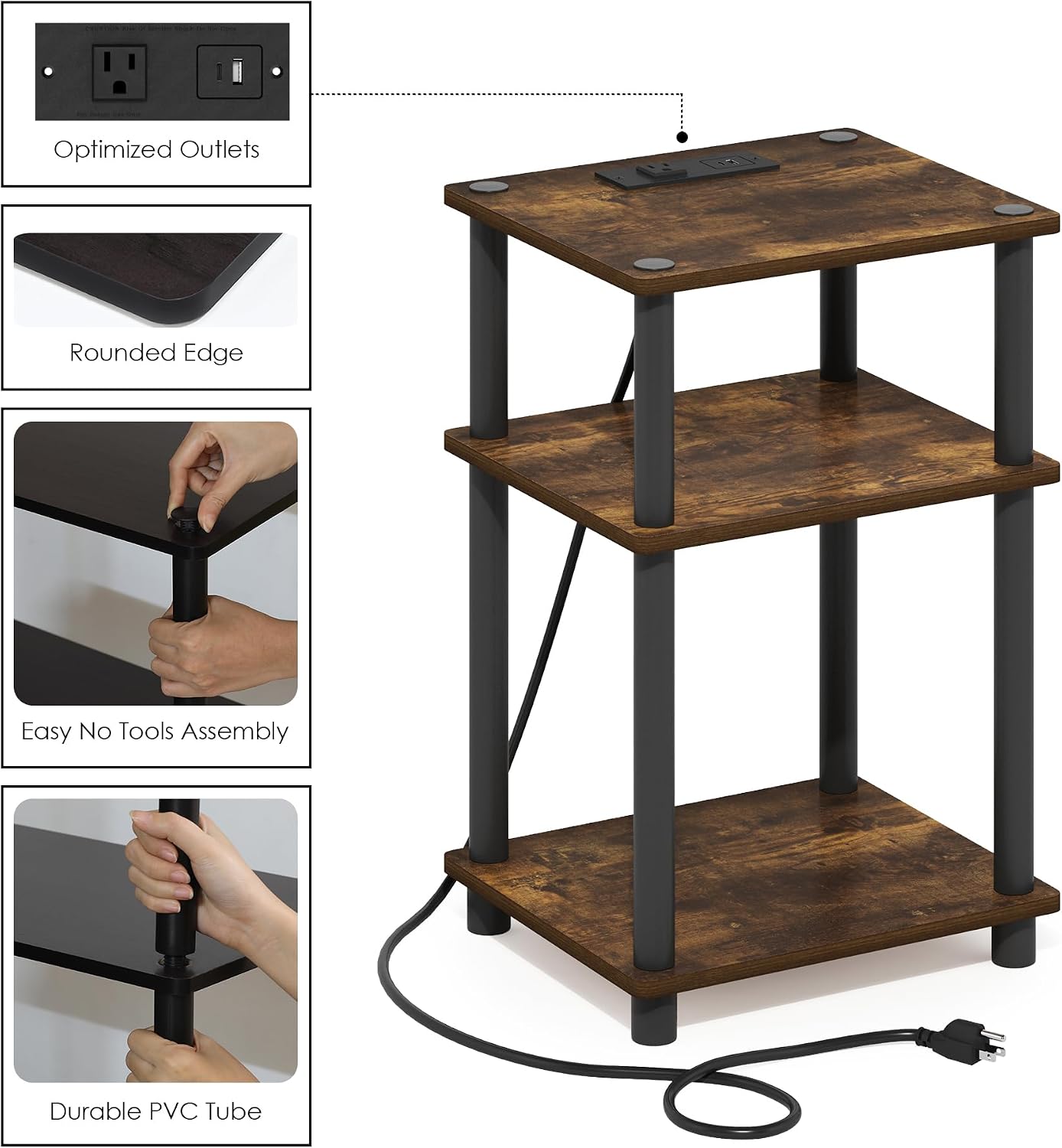 Furinno Turn-N-Tube End Table Corner Shelves, Set of 2, Dark Cherry/Black | Stackable Modern End Table with Open Shelf, Night Stand, Bedside Table, for Living Room, Bedroom